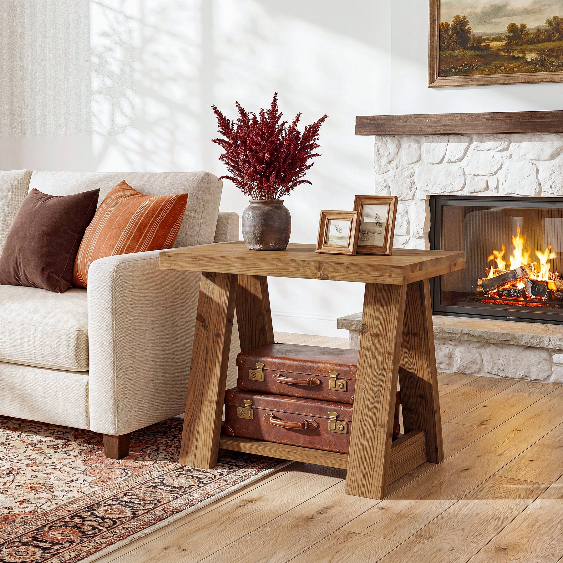 23.62 Inch Solid Wood End Table with 2-Tier Storage Shelves, Farmhouse Side Table for Living Room - Image 12