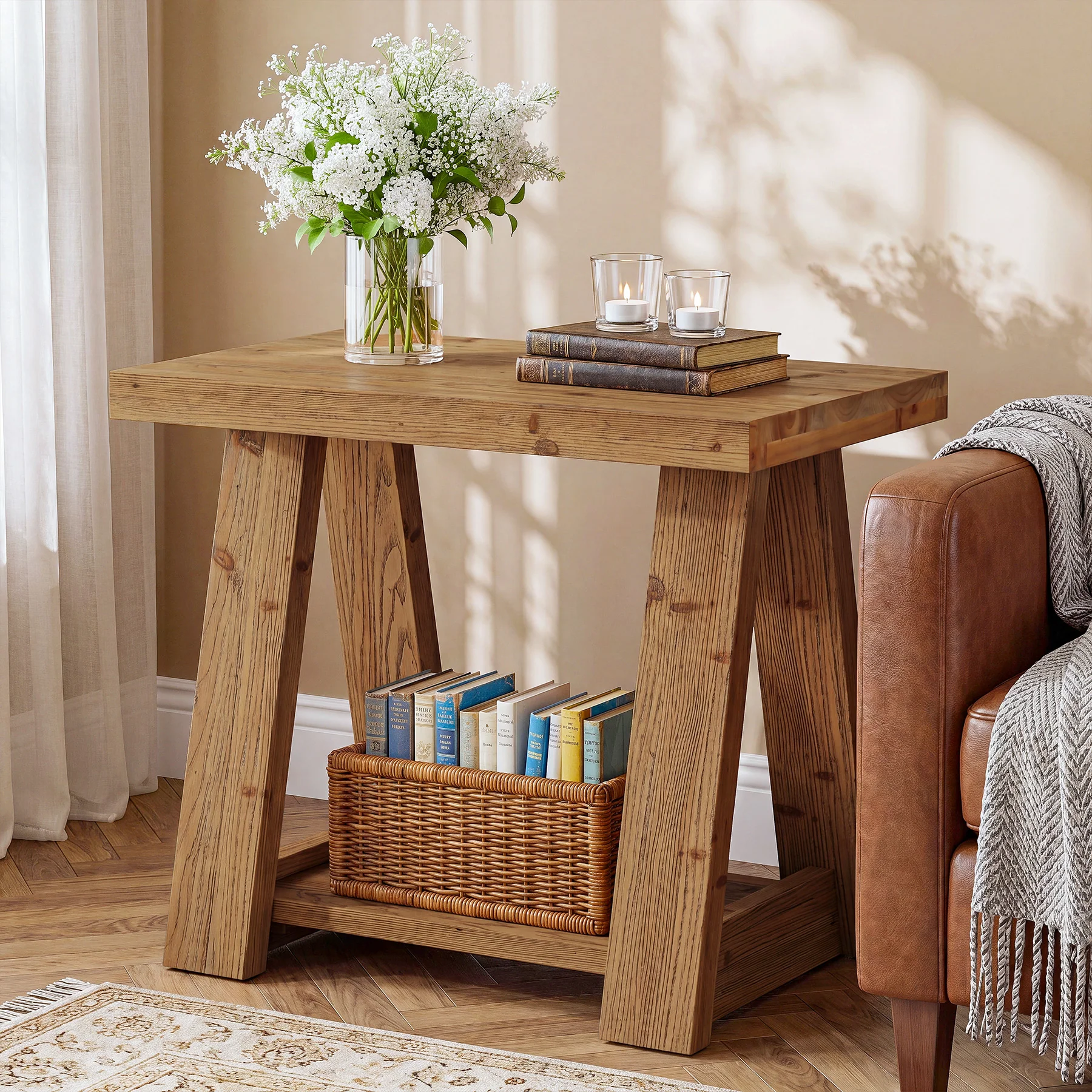 23.62 Inch Solid Wood End Table with 2-Tier Storage Shelves, Farmhouse Side Table for Living Room - Image 5
