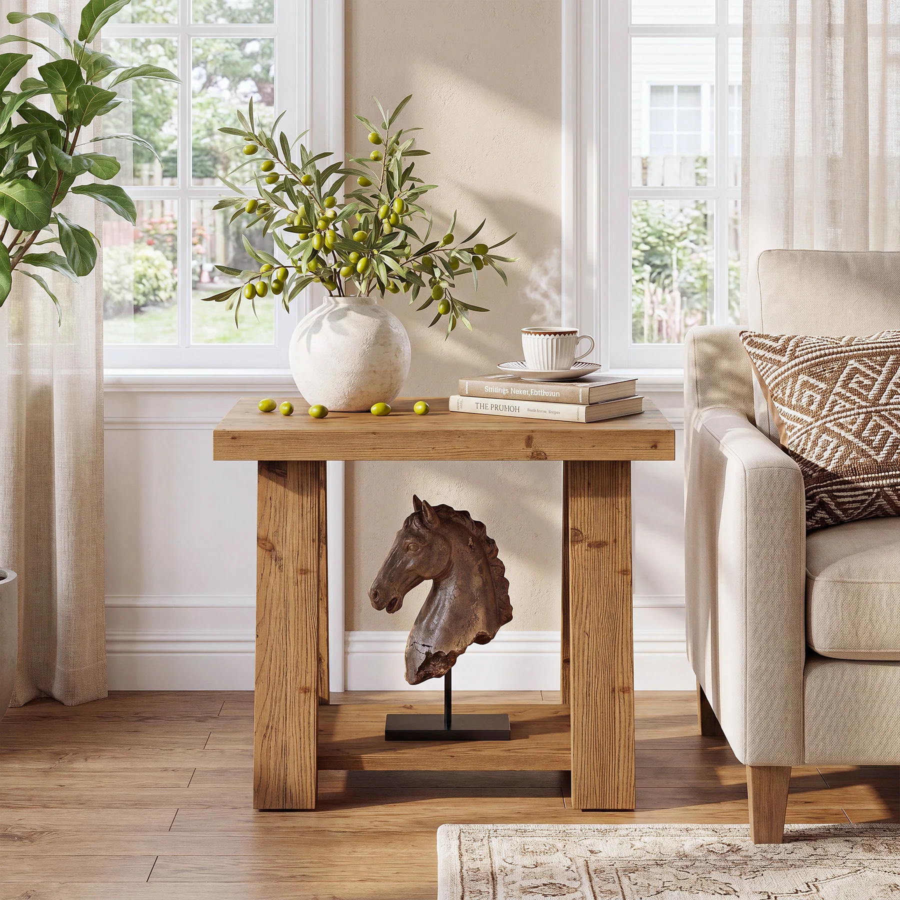23.62 Inch Solid Wood End Table with 2-Tier Storage Shelves, Farmhouse Side Table for Living Room - Image 6