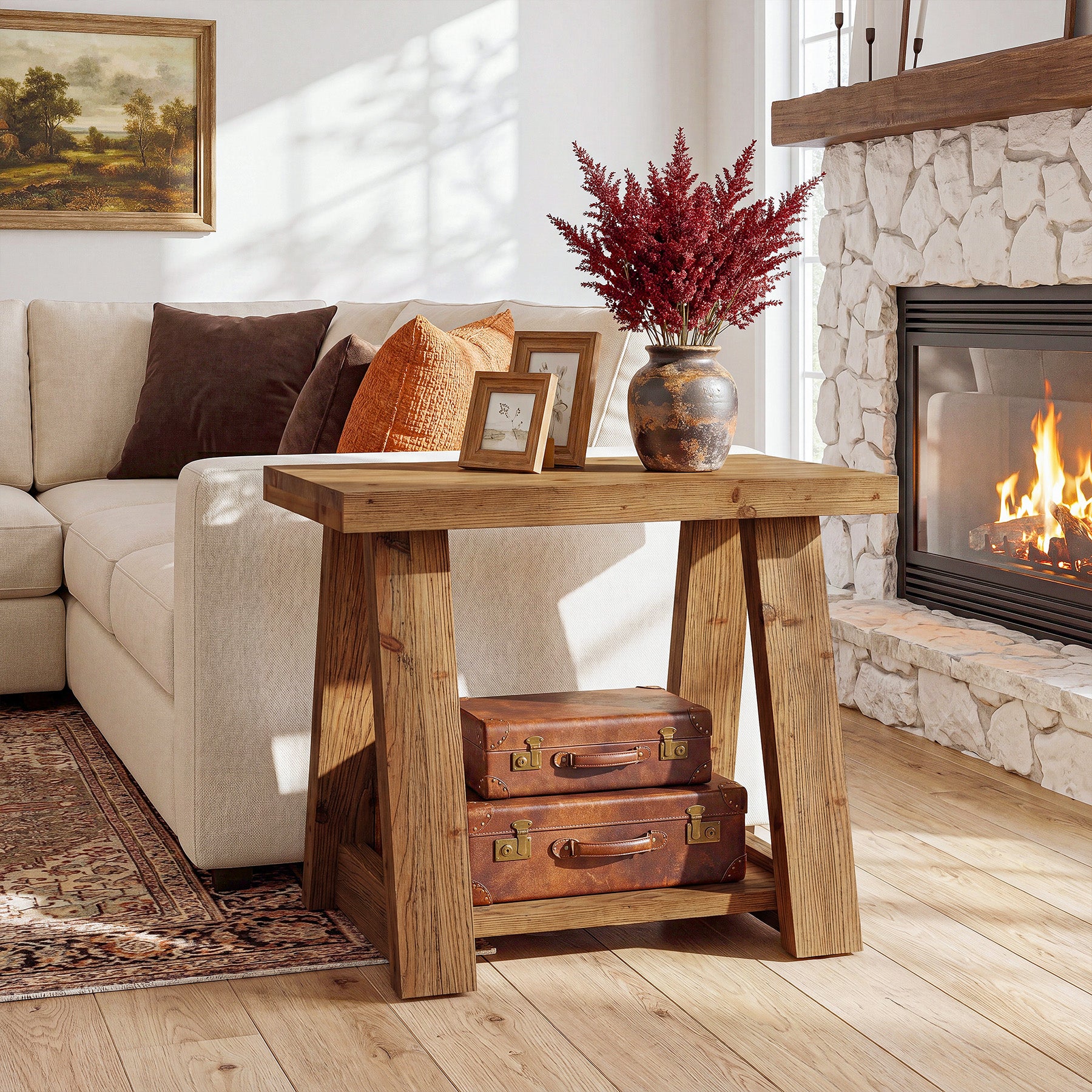 23.62 Inch Solid Wood End Table with 2-Tier Storage Shelves, Farmhouse Side Table for Living Room - Image 8