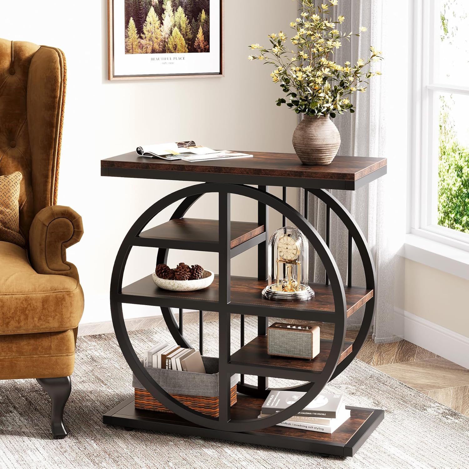24" Industrial End Table - 5-Tier Narrow Side Table with Metal Frame - Image 4
