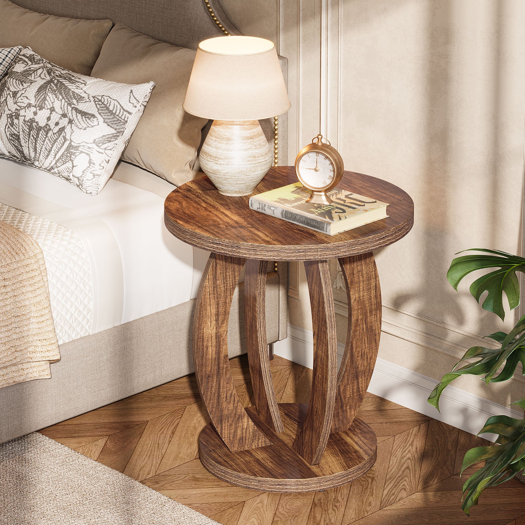 24" Round Farmhouse Nightstand - Bedside Table with Storage, Wood Base, Brown - Image 10