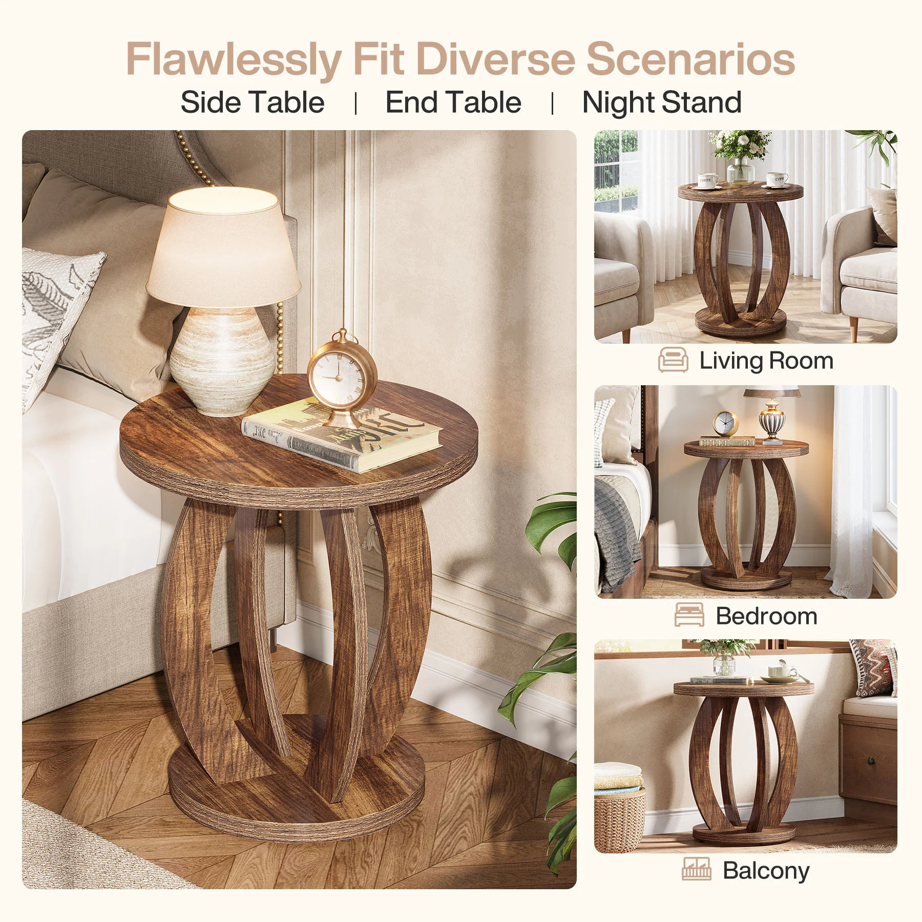 24" Round Farmhouse Nightstand - Bedside Table with Storage, Wood Base, Brown - Image 12