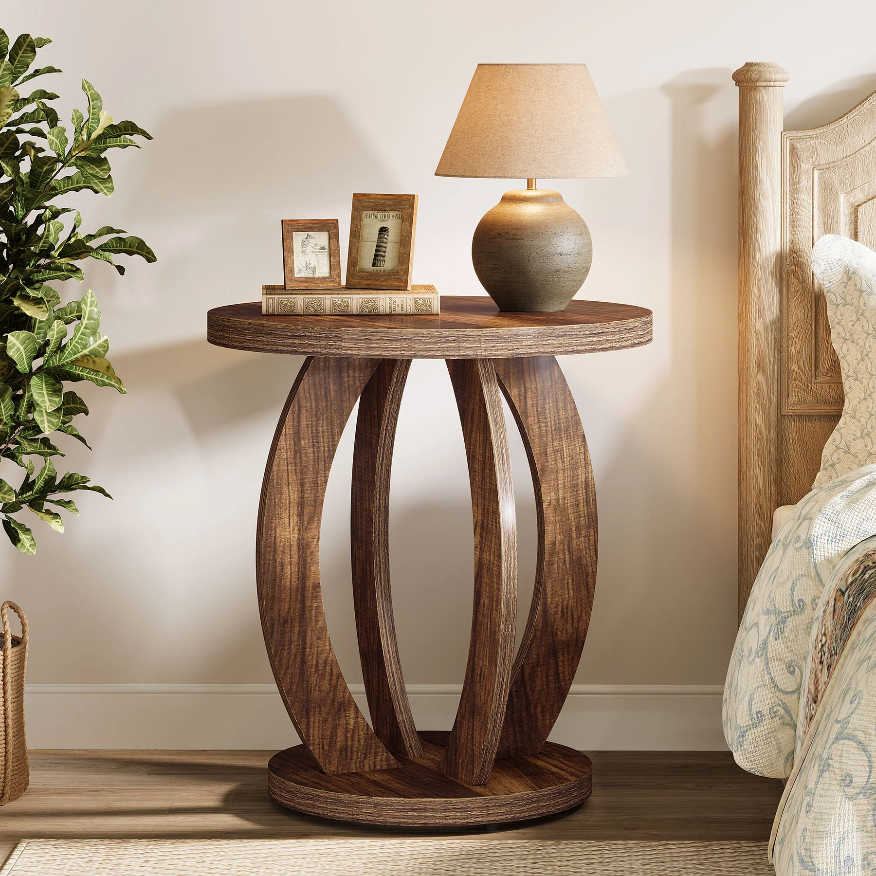 24" Round Farmhouse Nightstand - Bedside Table with Storage, Wood Base, Brown - Image 13