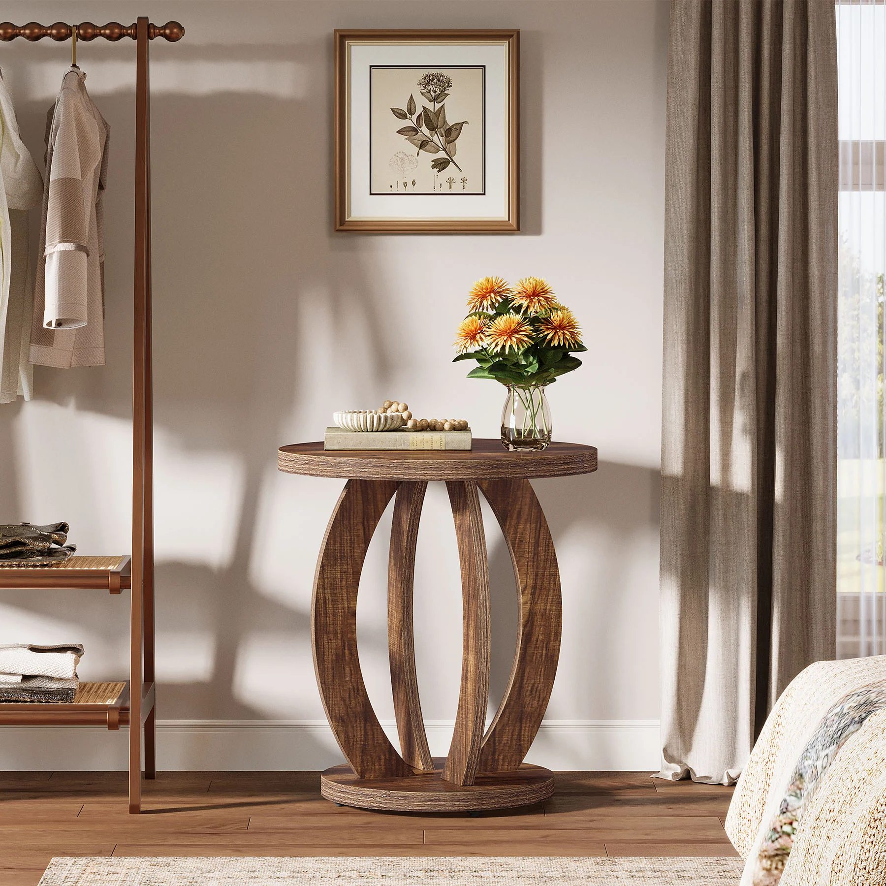 24" Round Farmhouse Nightstand - Bedside Table with Storage, Wood Base, Brown - Image 14