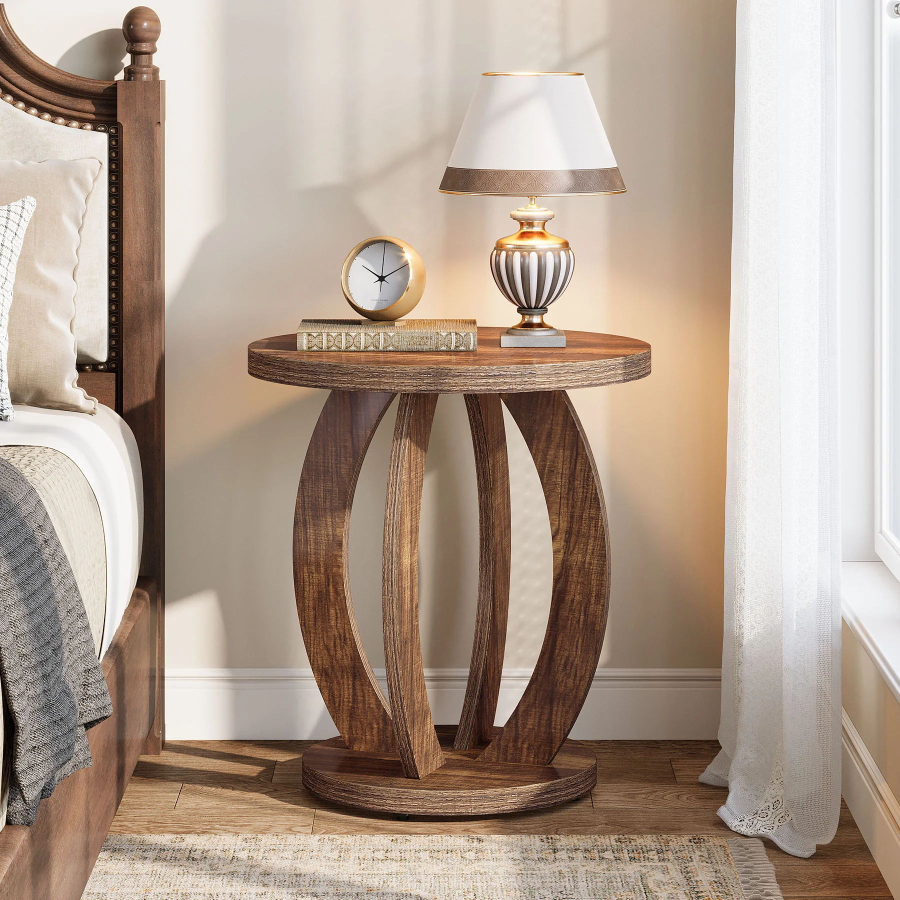 24" Round Farmhouse Nightstand - Bedside Table with Storage, Wood Base, Brown - Image 15