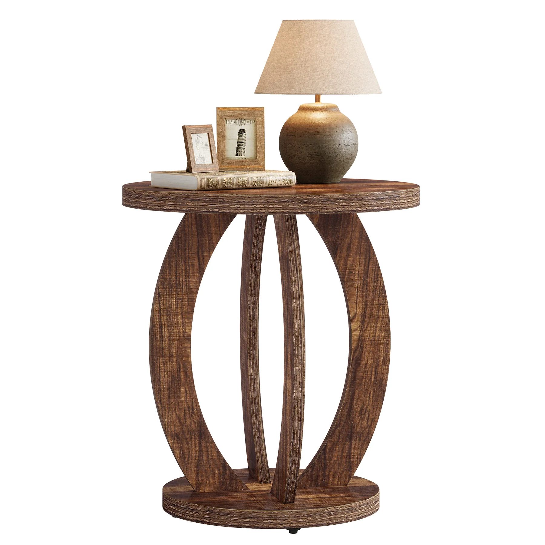 24" Round Farmhouse Nightstand - Bedside Table with Storage, Wood Base, Brown - Image 16