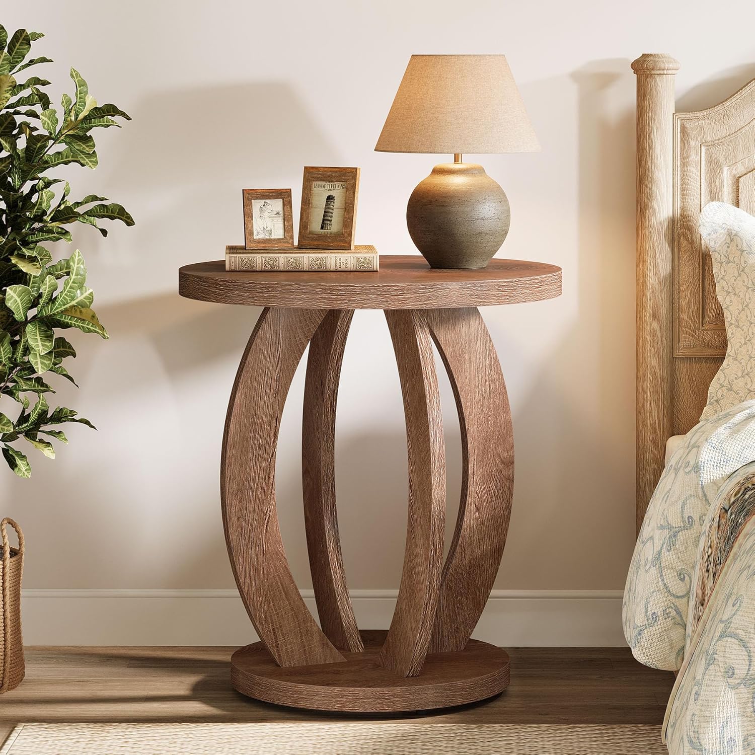 24" Round Farmhouse Nightstand - Bedside Table with Storage, Wood Base, Brown - Image 3