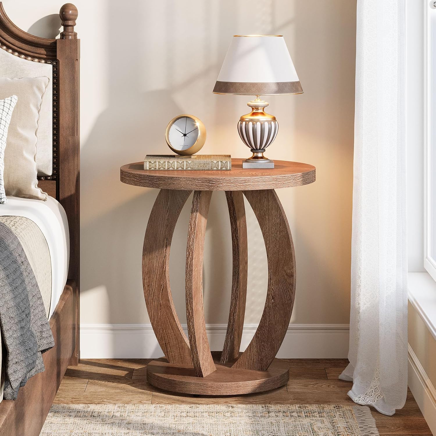 24" Round Farmhouse Nightstand - Bedside Table with Storage, Wood Base, Brown - Image 4