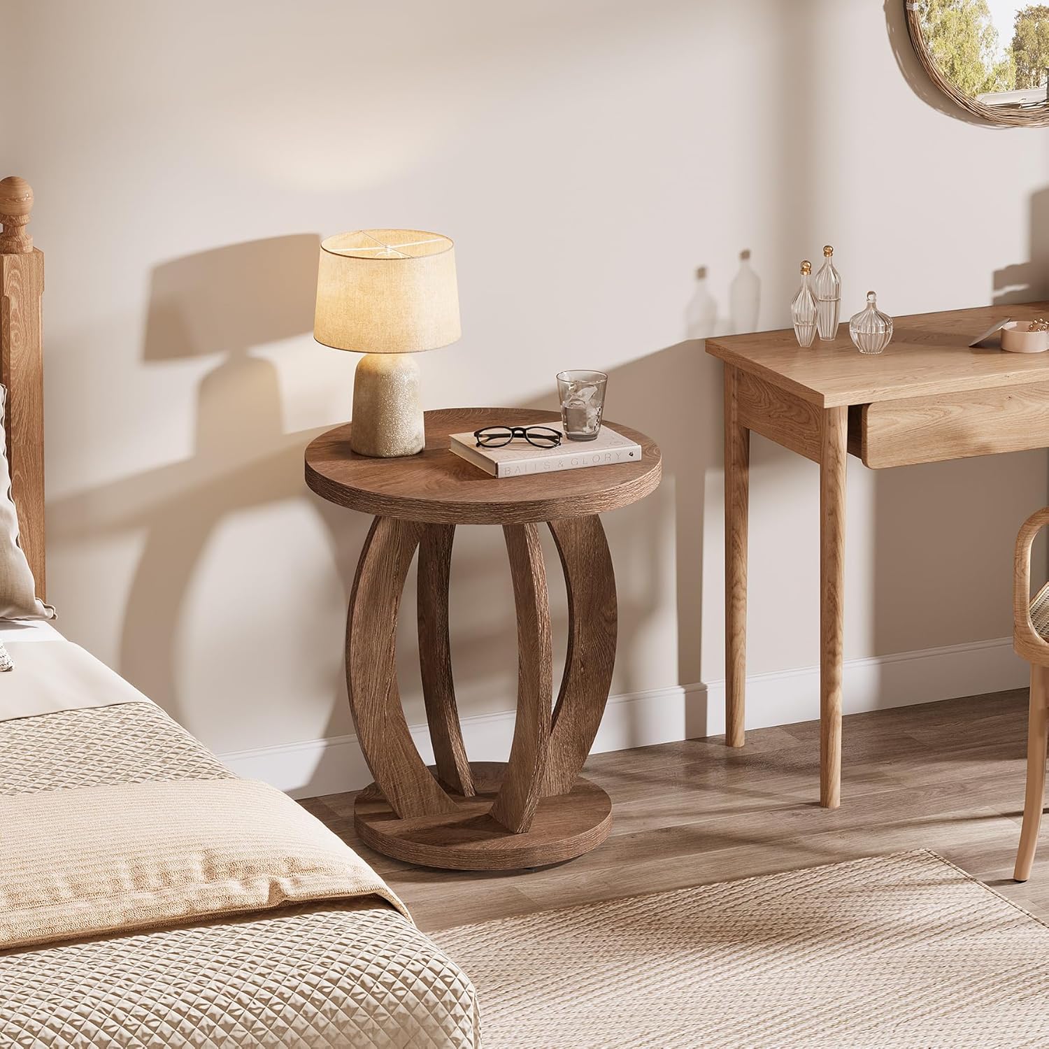 24" Round Farmhouse Nightstand - Bedside Table with Storage, Wood Base, Brown - Image 5