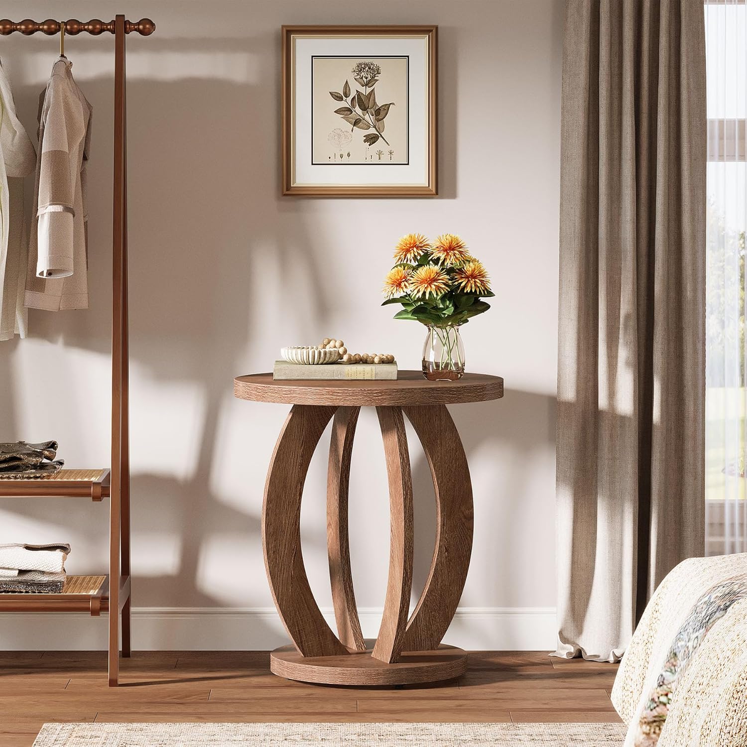 24" Round Farmhouse Nightstand - Bedside Table with Storage, Wood Base, Brown - Image 6
