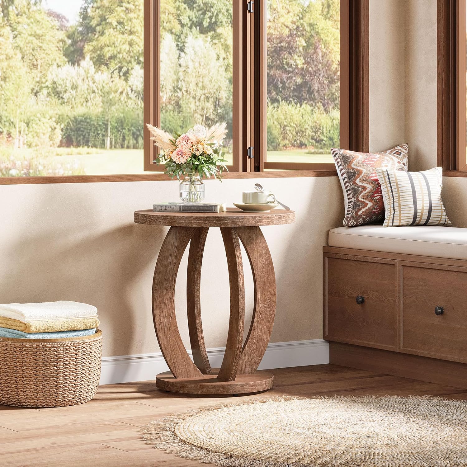 24" Round Farmhouse Nightstand - Bedside Table with Storage, Wood Base, Brown - Image 7