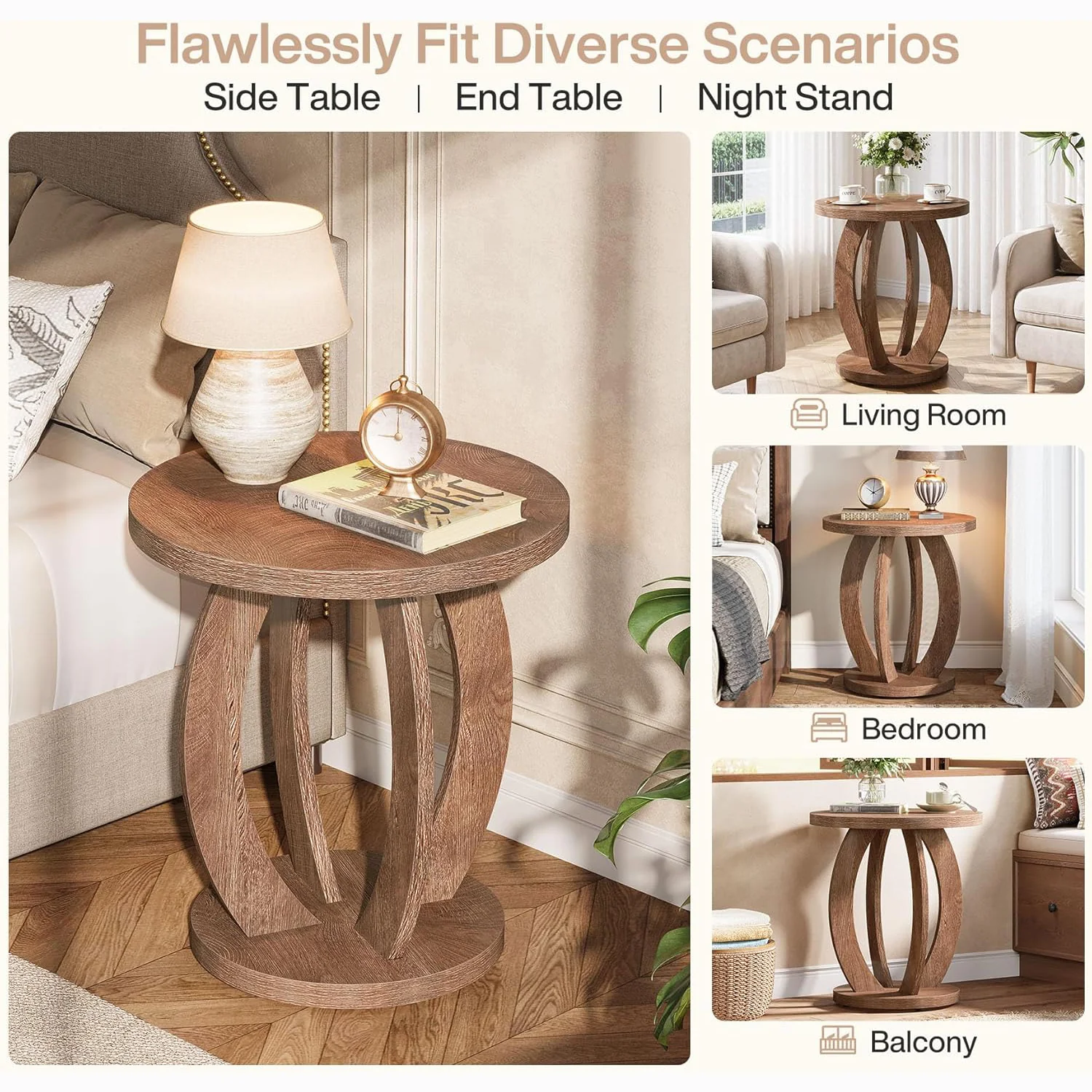 24" Round Farmhouse Nightstand - Bedside Table with Storage, Wood Base, Brown - Image 9