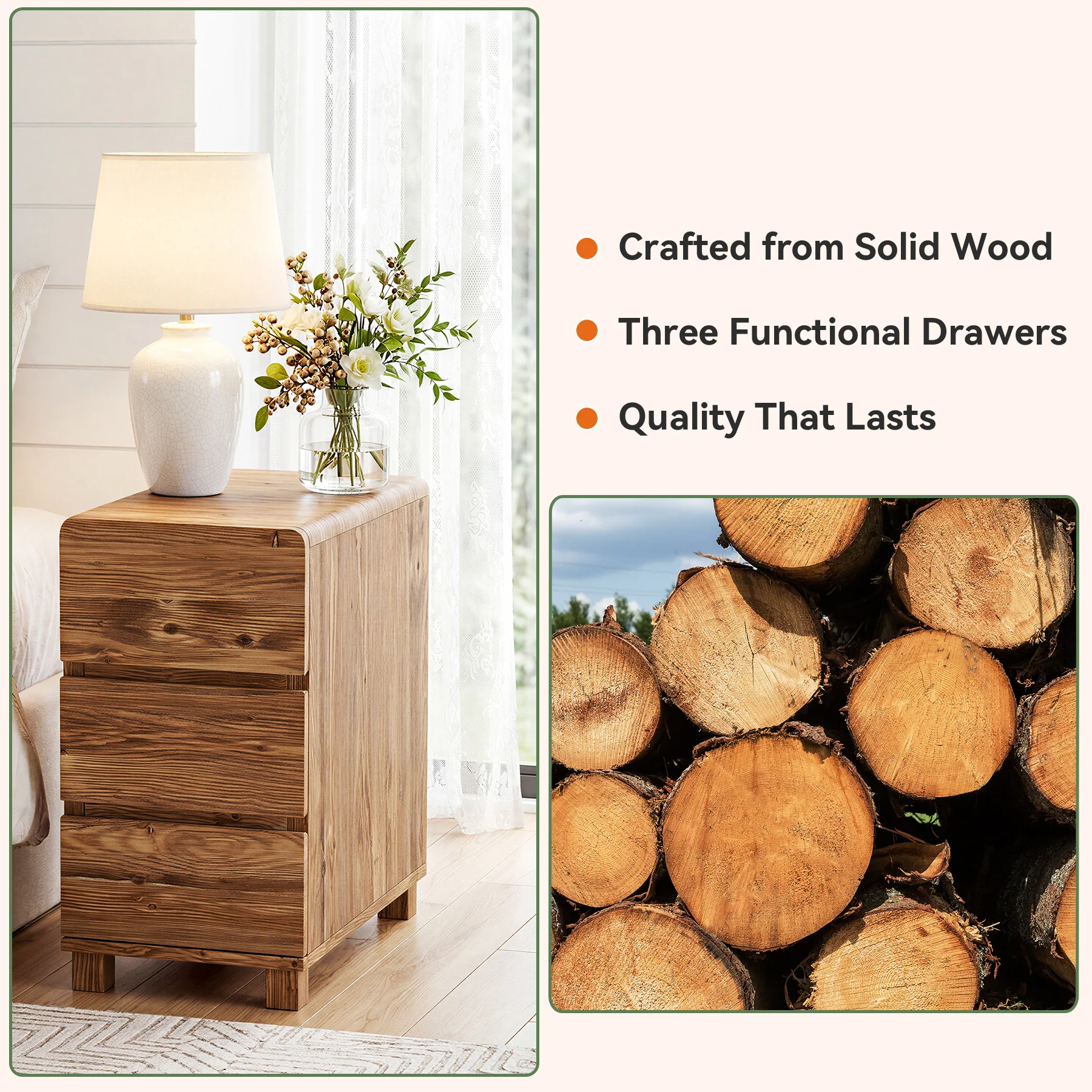Tribesigns 25.59-Inch Tall Solid Wood Side Cabinet, 3-Drawer Narrow Nightstand - Image 3
