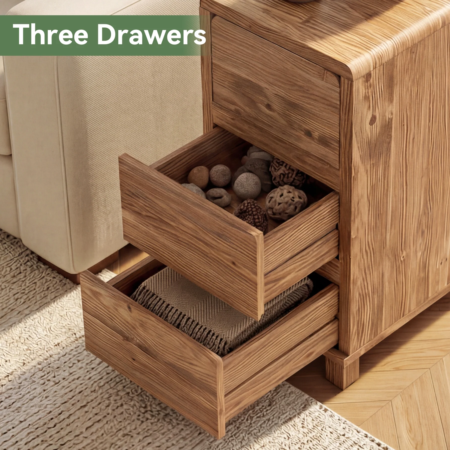 Tribesigns 25.59-Inch Tall Solid Wood Side Cabinet, 3-Drawer Narrow Nightstand - Image 8