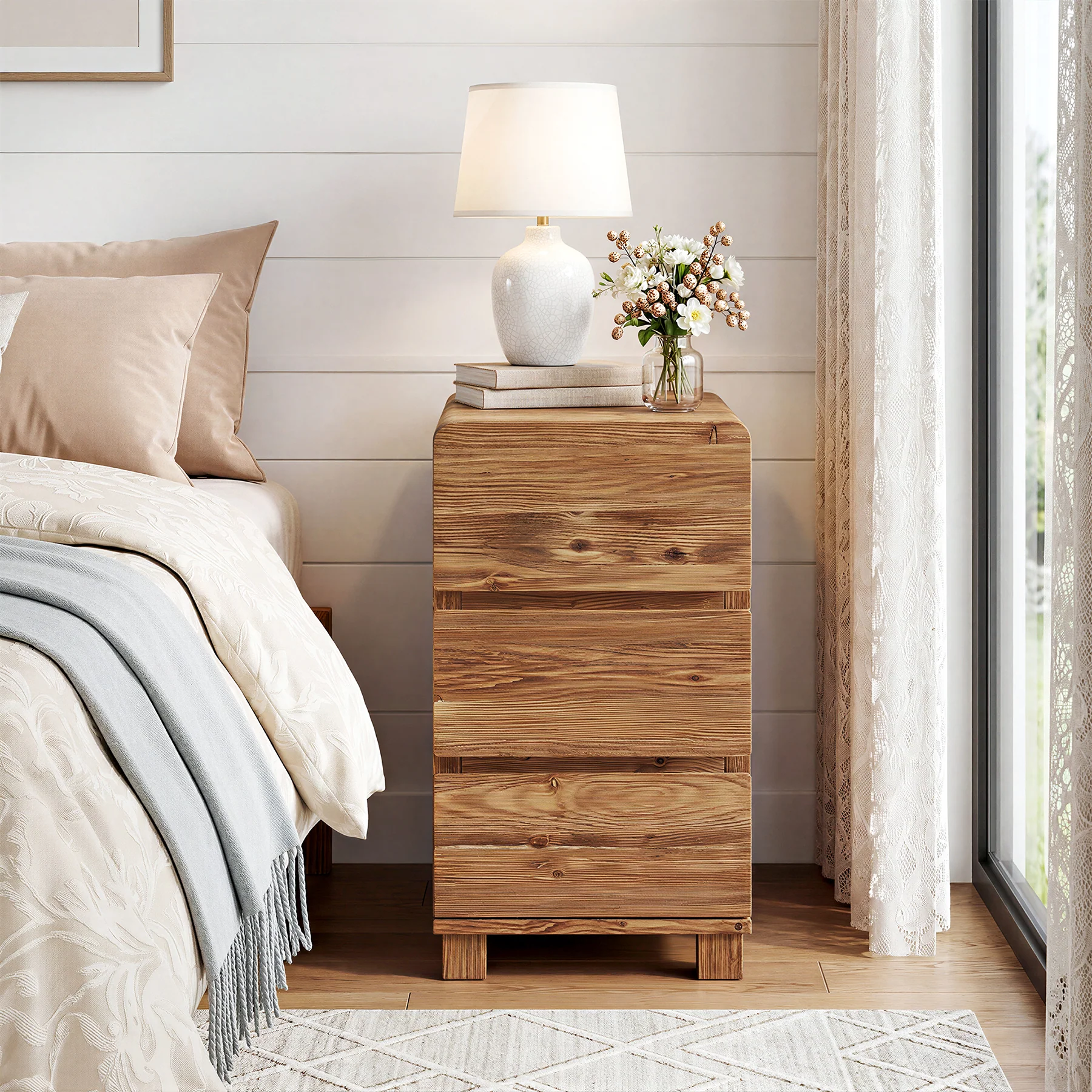 Tribesigns 25.59-Inch Tall Solid Wood Side Cabinet, 3-Drawer Narrow Nightstand - Image 9