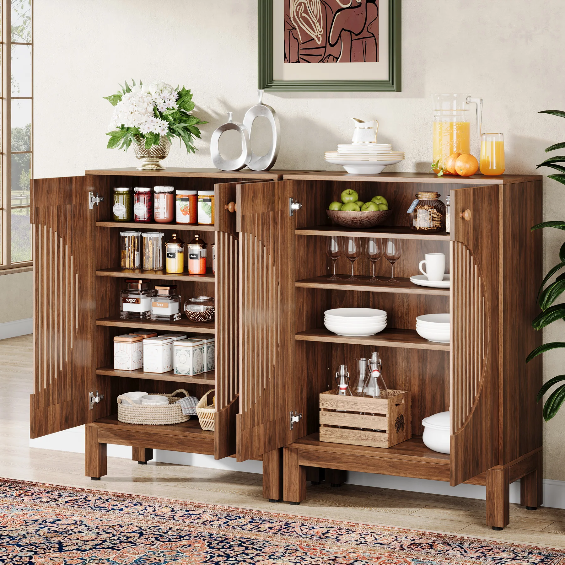 Tribesigns 28.74-Inch Farmhouse Sideboard Cabinet, Wooden Buffet Cabinet with Round Louvered Doors for Kitchen - Image 5