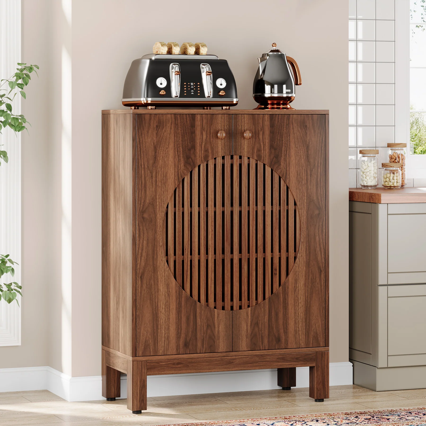 Tribesigns 28.74-Inch Farmhouse Sideboard Cabinet, Wooden Buffet Cabinet with Round Louvered Doors for Kitchen - Image 6