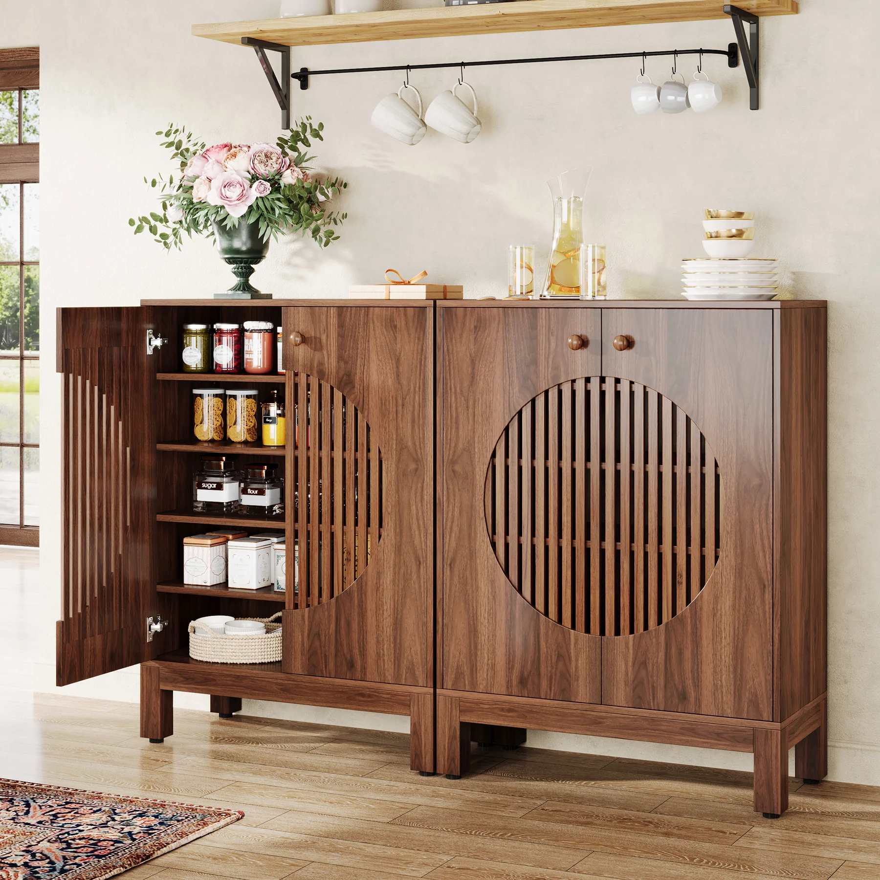 Tribesigns 28.74-Inch Farmhouse Sideboard Cabinet, Wooden Buffet Cabinet with Round Louvered Doors for Kitchen - Image 7