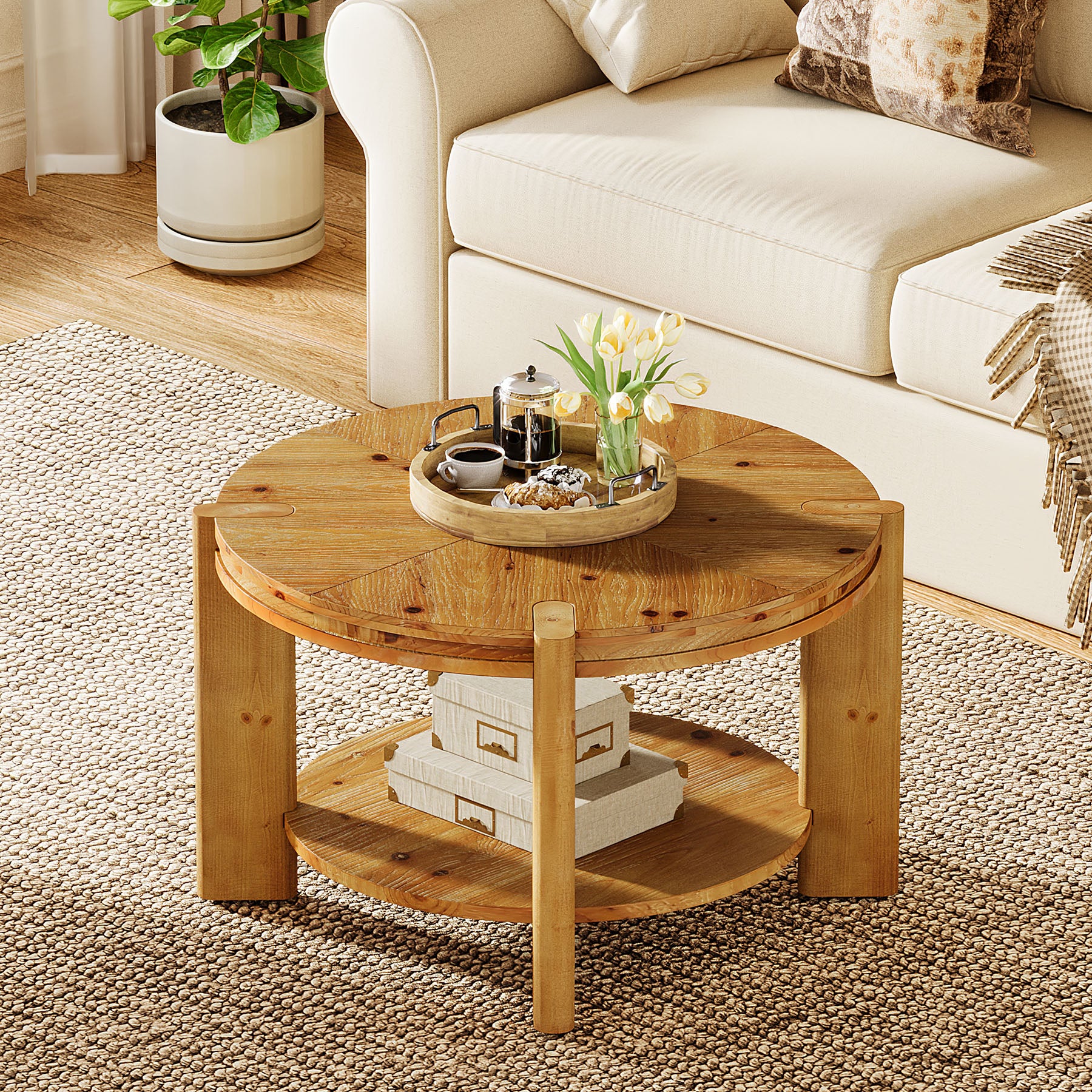 29.5 Inch Solid Wood Round Coffee Table, Farmhouse 2-Tier Circle Center Table with Open Storage Shelf for Living Room Apartment - Image 8