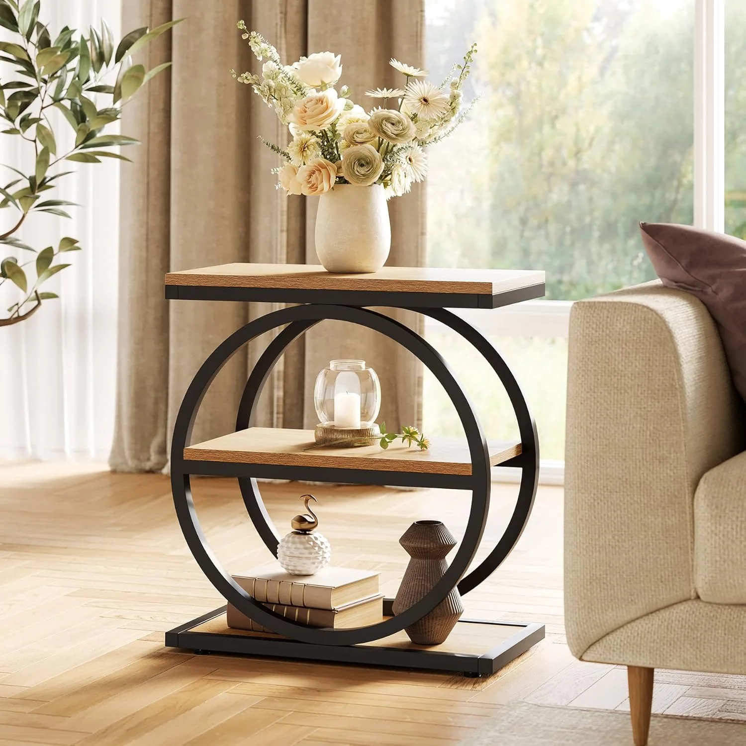 3-Tier End Table, Industrial Sofa Side Table with Round Metal Frame - Image 11