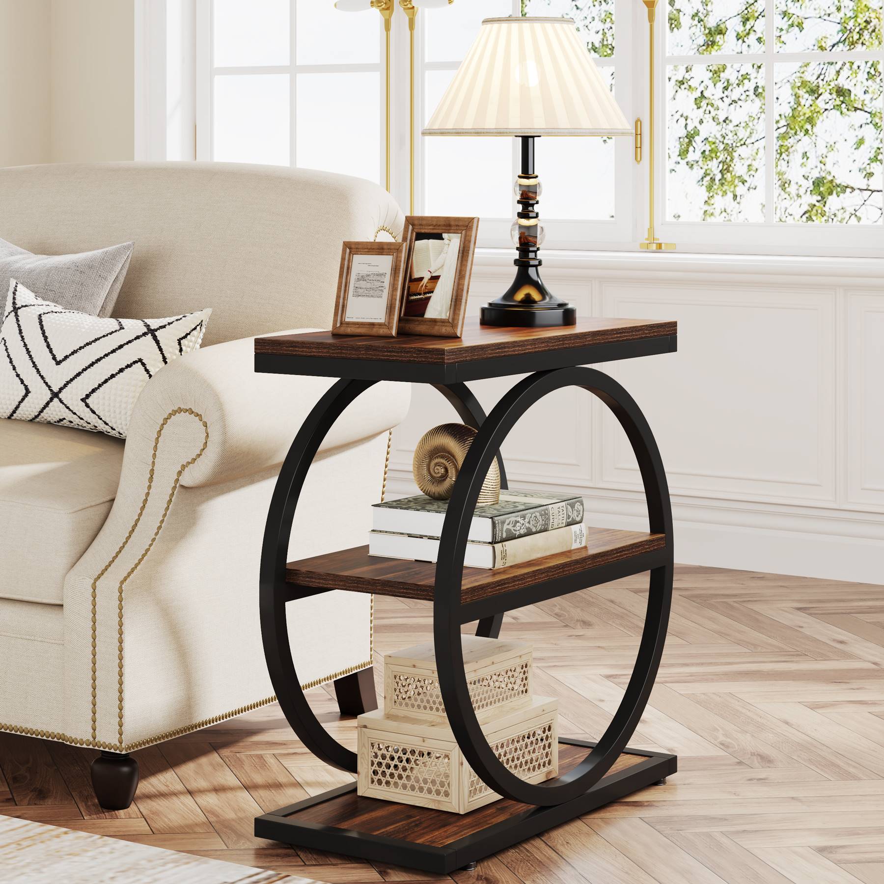 3-Tier End Table, Industrial Sofa Side Table with Round Metal Frame - Image 3