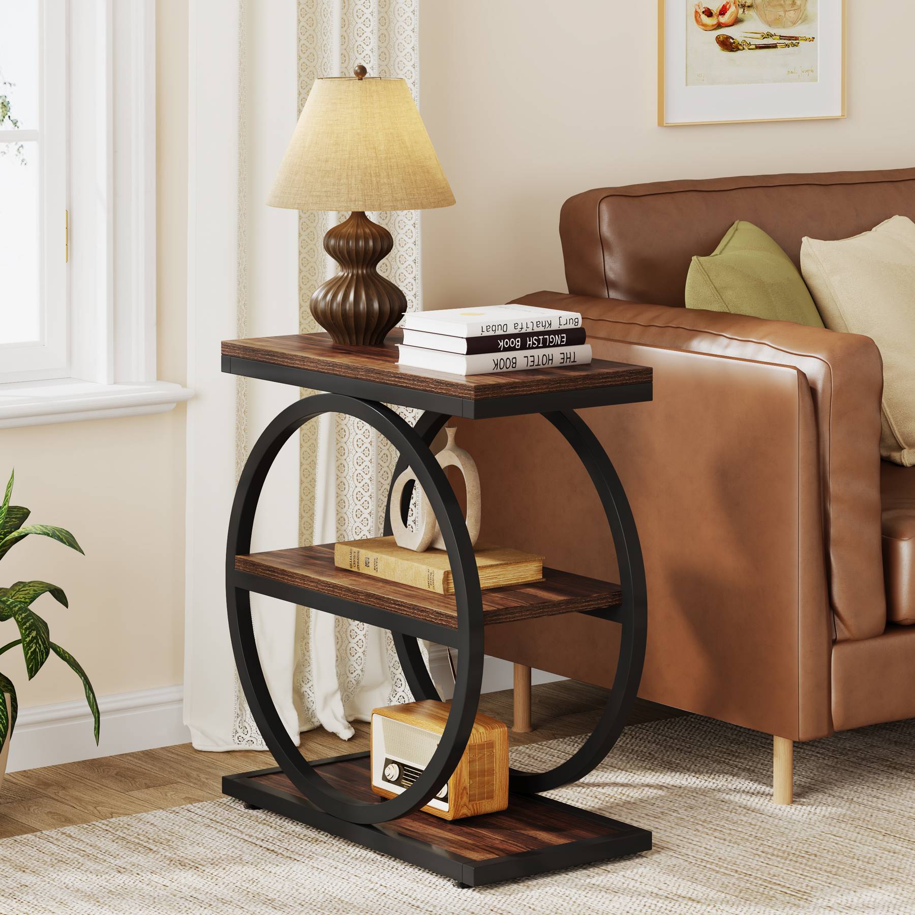 3-Tier End Table, Industrial Sofa Side Table with Round Metal Frame - Image 6