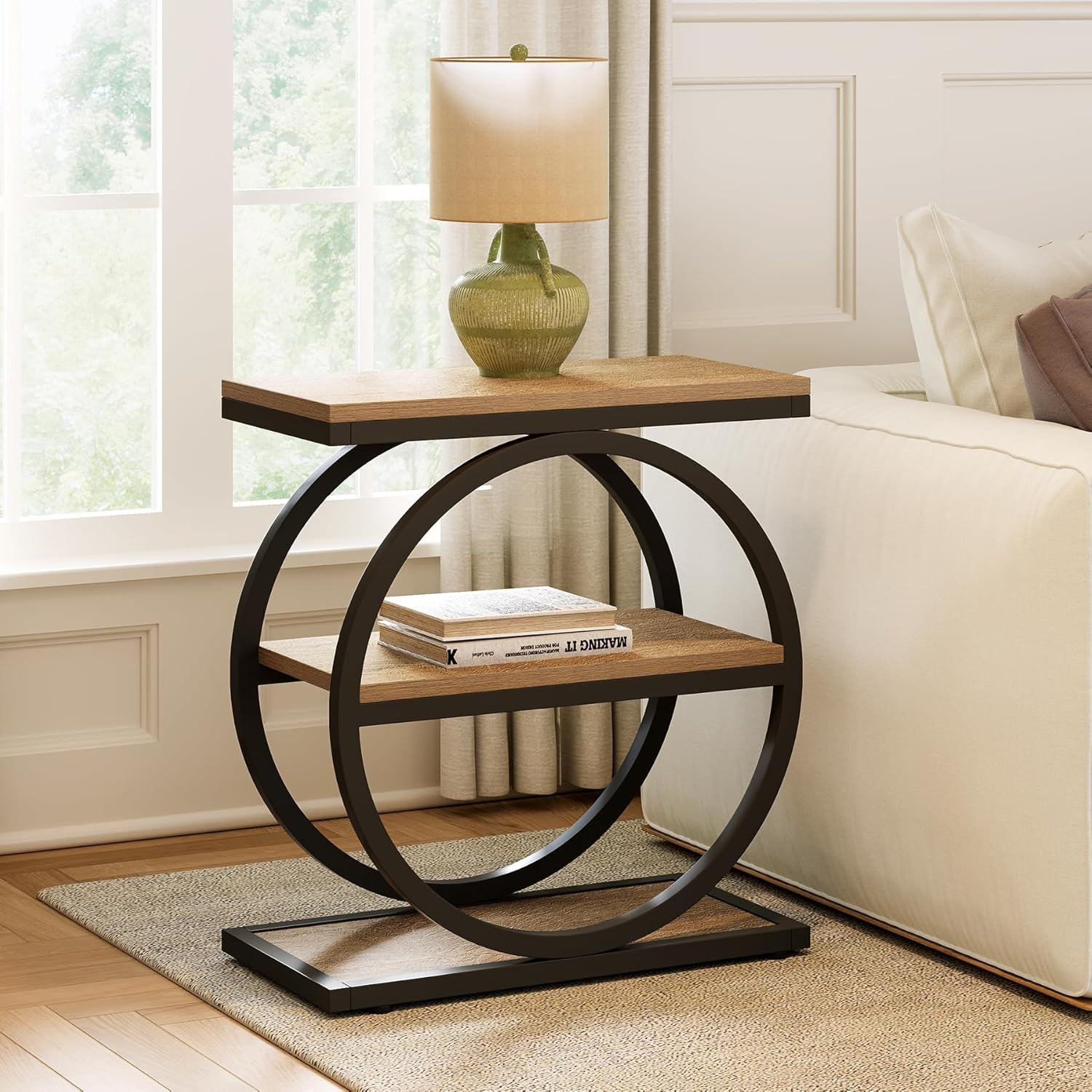 3-Tier End Table, Industrial Sofa Side Table with Round Metal Frame - Image 7