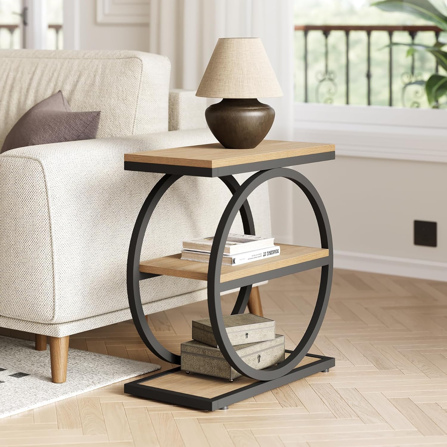 3-Tier End Table, Industrial Sofa Side Table with Round Metal Frame - Image 9