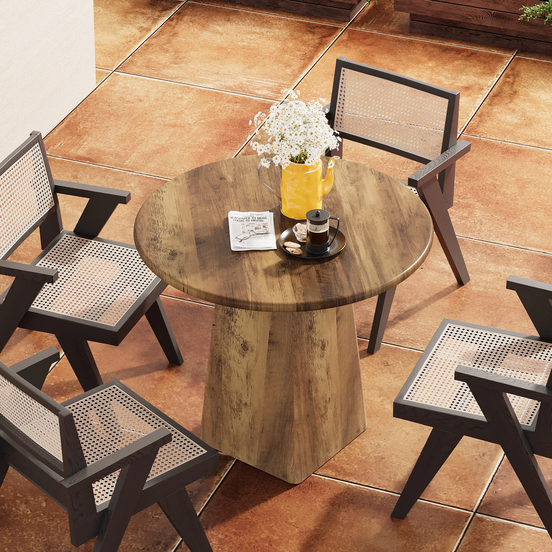 31.5" Dining Table for 4 - Round Farmhouse Kitchen Table with Square Base in Rustic Brown - Image 4