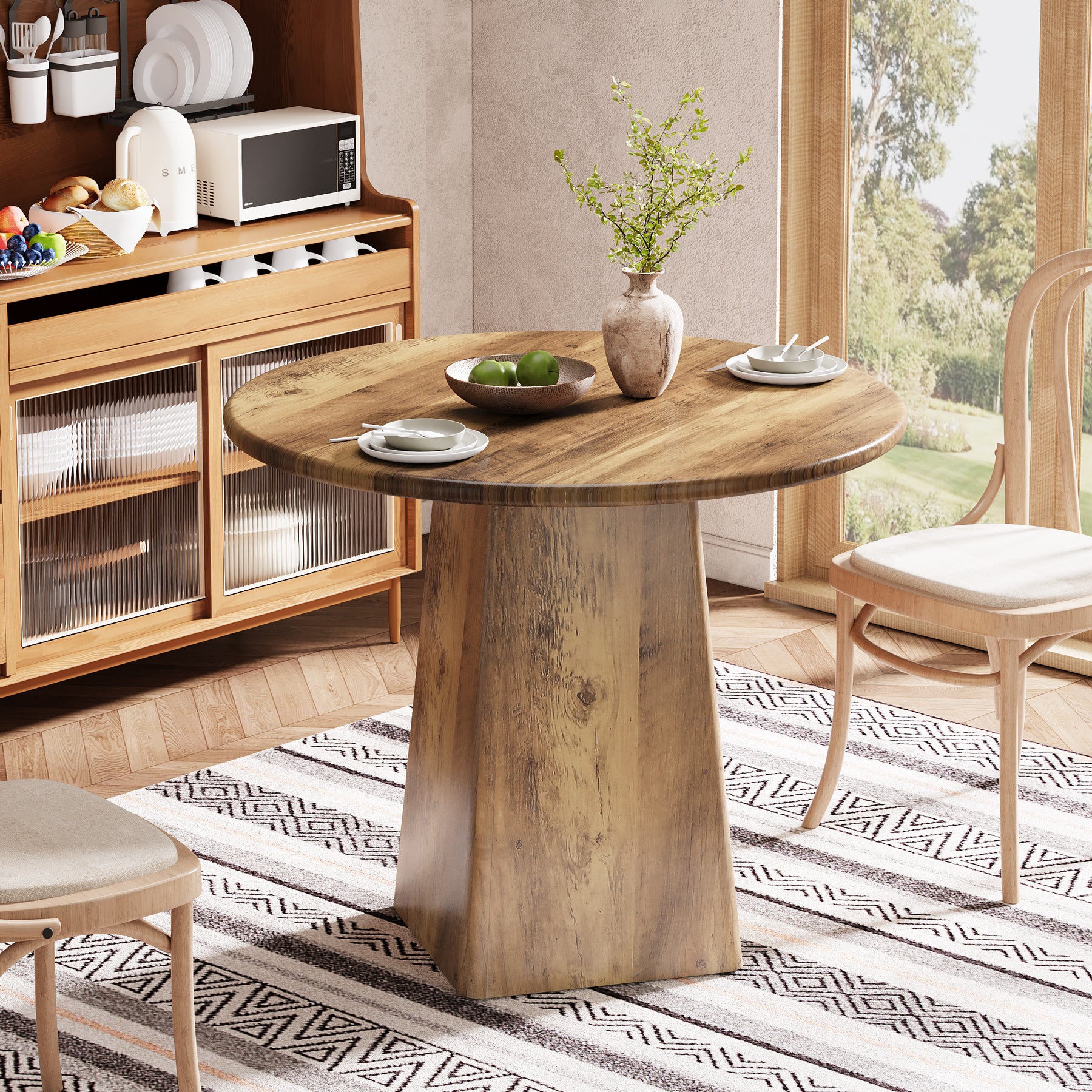 31.5" Dining Table for 4 - Round Farmhouse Kitchen Table with Square Base in Rustic Brown - Image 6