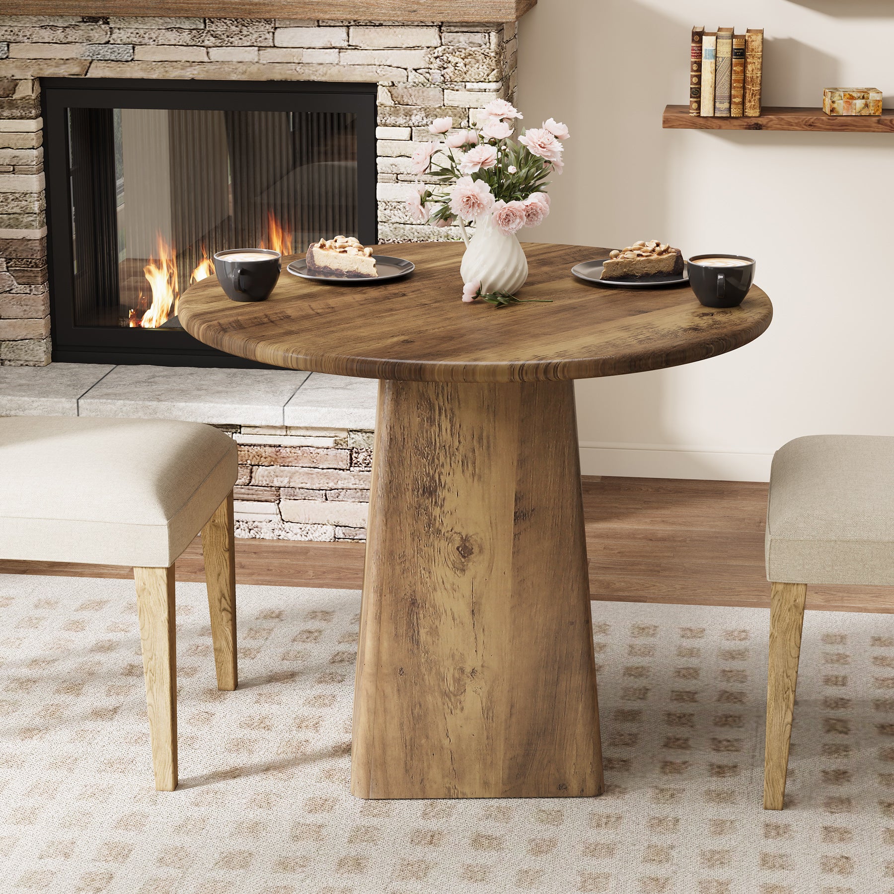31.5" Dining Table for 4 - Round Farmhouse Kitchen Table with Square Base in Rustic Brown - Image 7