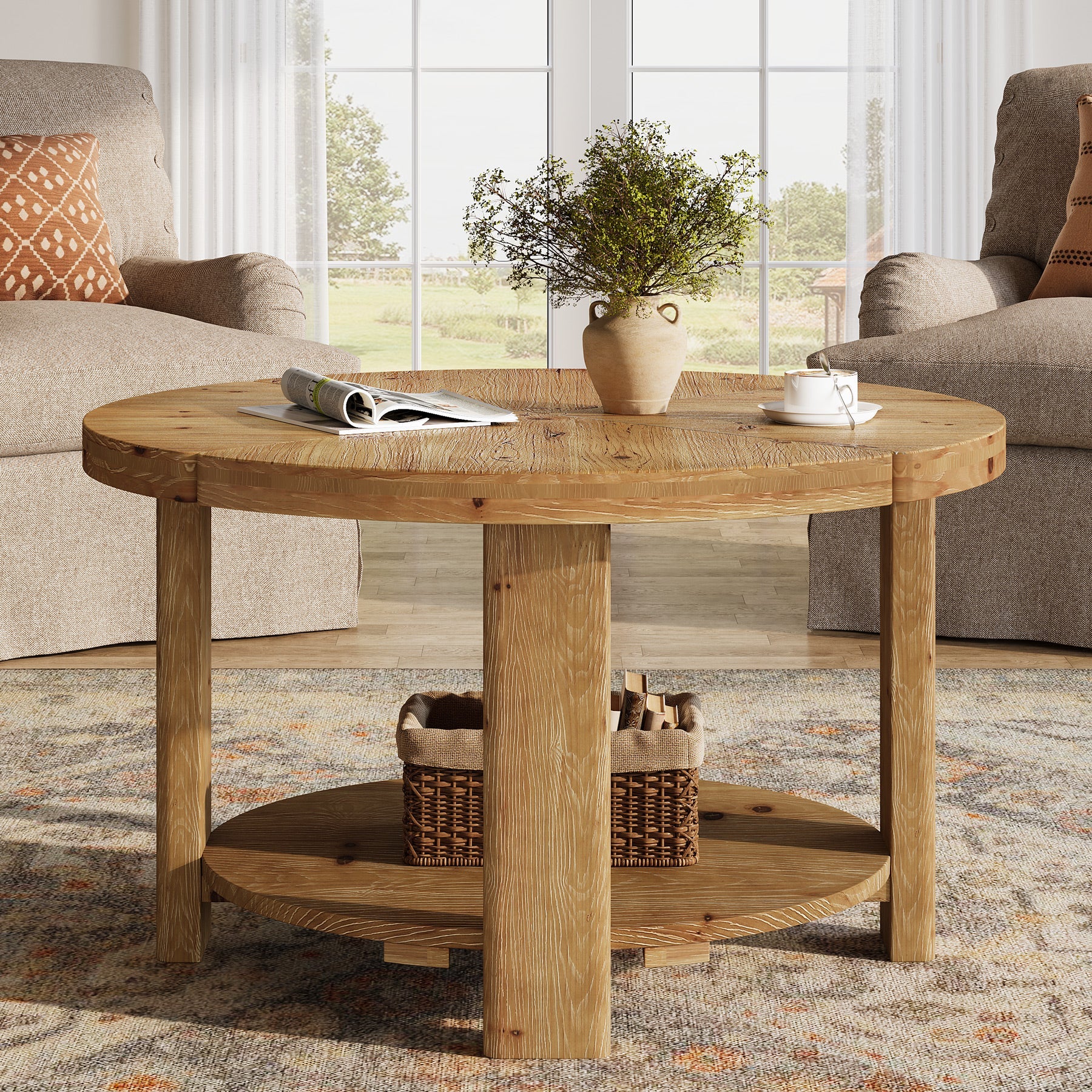 31.5" Farmhouse 2-Tier Coffee Table, Round Solid Wood Storage Table in Natural Brown - Image 3