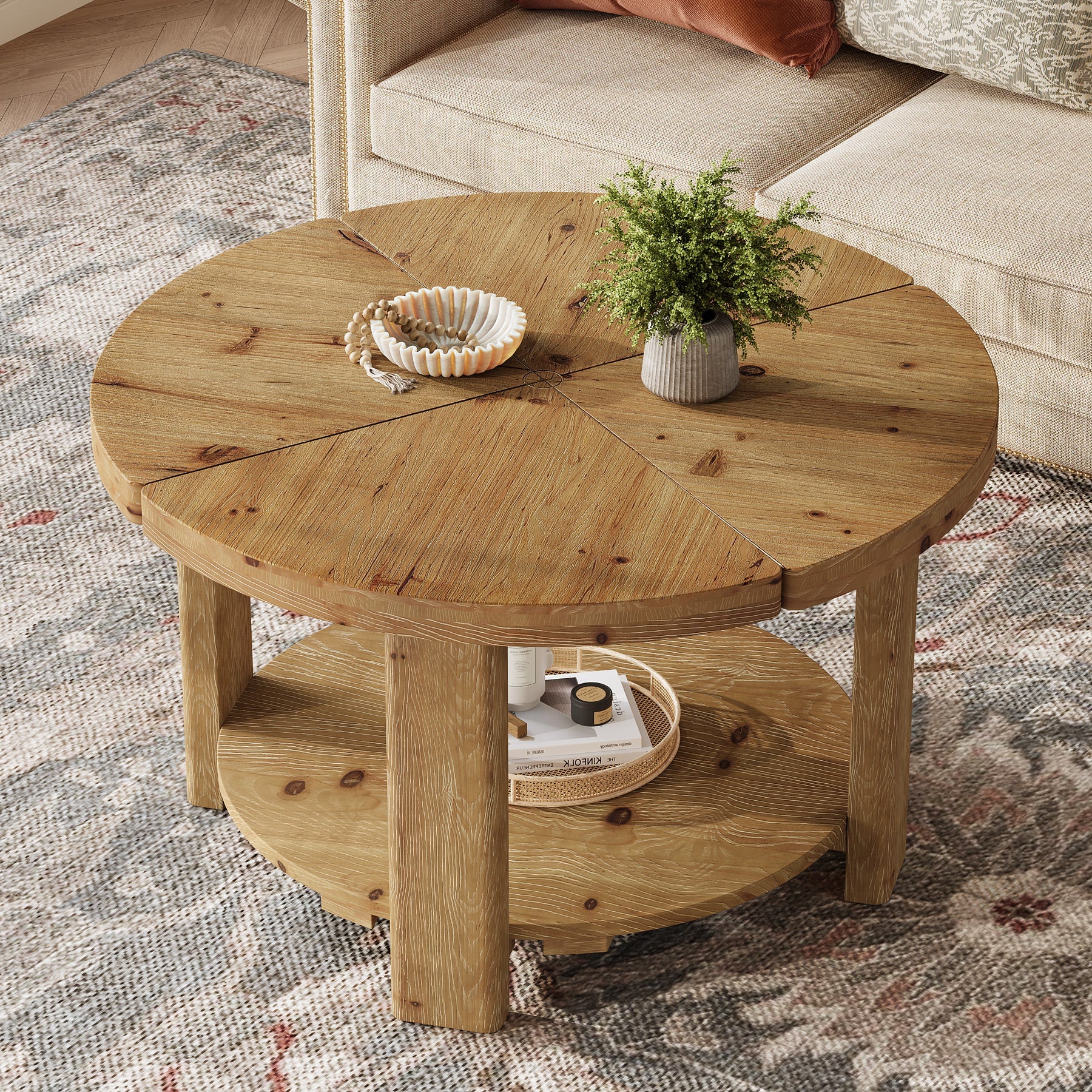 31.5" Farmhouse 2-Tier Coffee Table, Round Solid Wood Storage Table in Natural Brown - Image 4