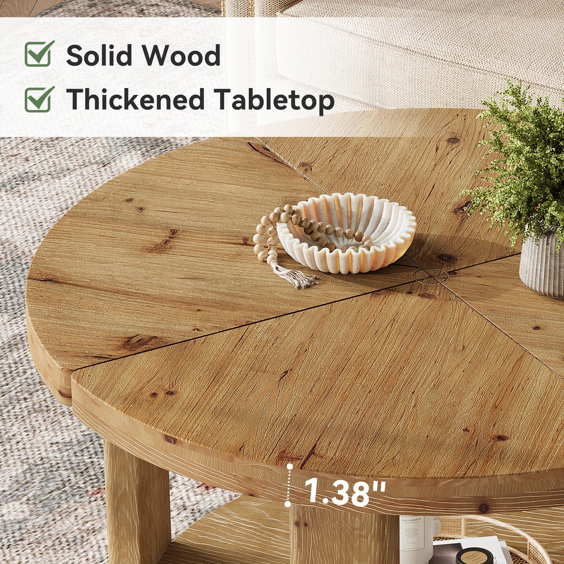31.5" Farmhouse 2-Tier Coffee Table, Round Solid Wood Storage Table in Natural Brown - Image 7