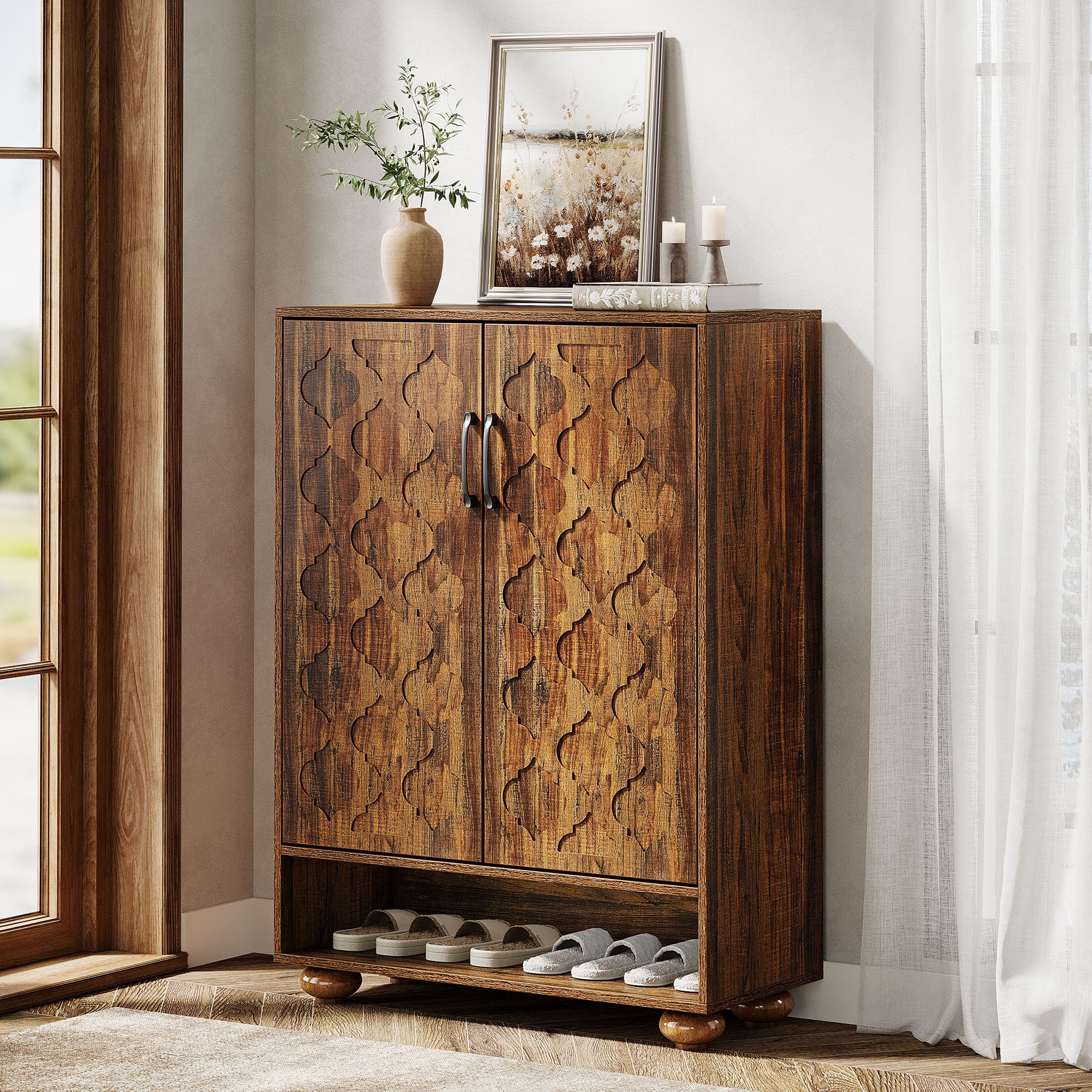 Tribesigns 31.5-Inch Solid Wood Shoe Cabinet for Entryway, Farmhouse Tall Shoe Storage Cabinet with Doors and Adjustable Shelves for Hallway