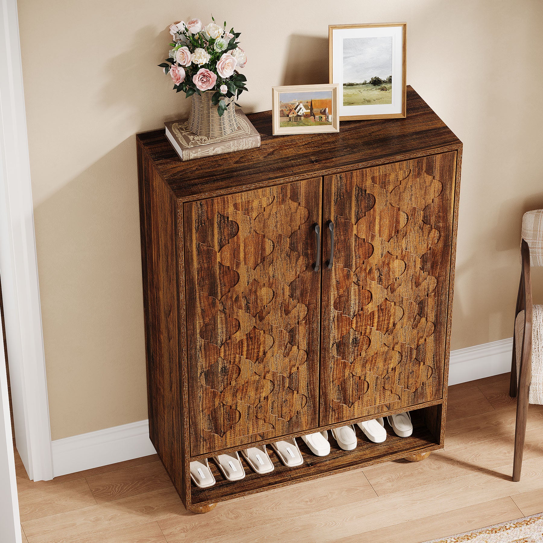 Tribesigns 31.5-Inch Solid Wood Shoe Cabinet for Entryway, Farmhouse Tall Shoe Storage Cabinet with Doors and Adjustable Shelves for Hallway - Image 10