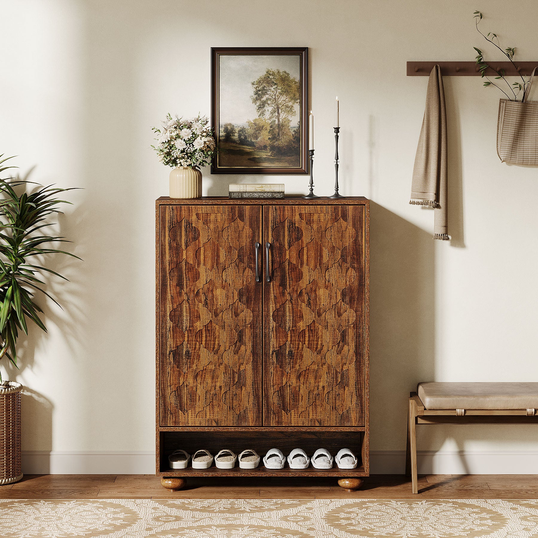 Tribesigns 31.5-Inch Solid Wood Shoe Cabinet for Entryway, Farmhouse Tall Shoe Storage Cabinet with Doors and Adjustable Shelves for Hallway - Image 11