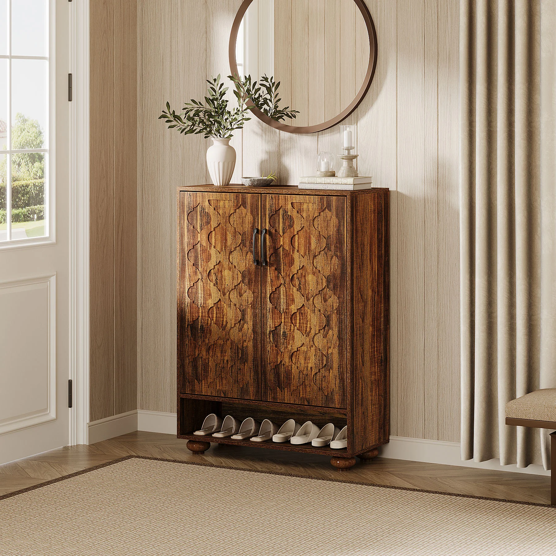 Tribesigns 31.5-Inch Solid Wood Shoe Cabinet for Entryway, Farmhouse Tall Shoe Storage Cabinet with Doors and Adjustable Shelves for Hallway - Image 12