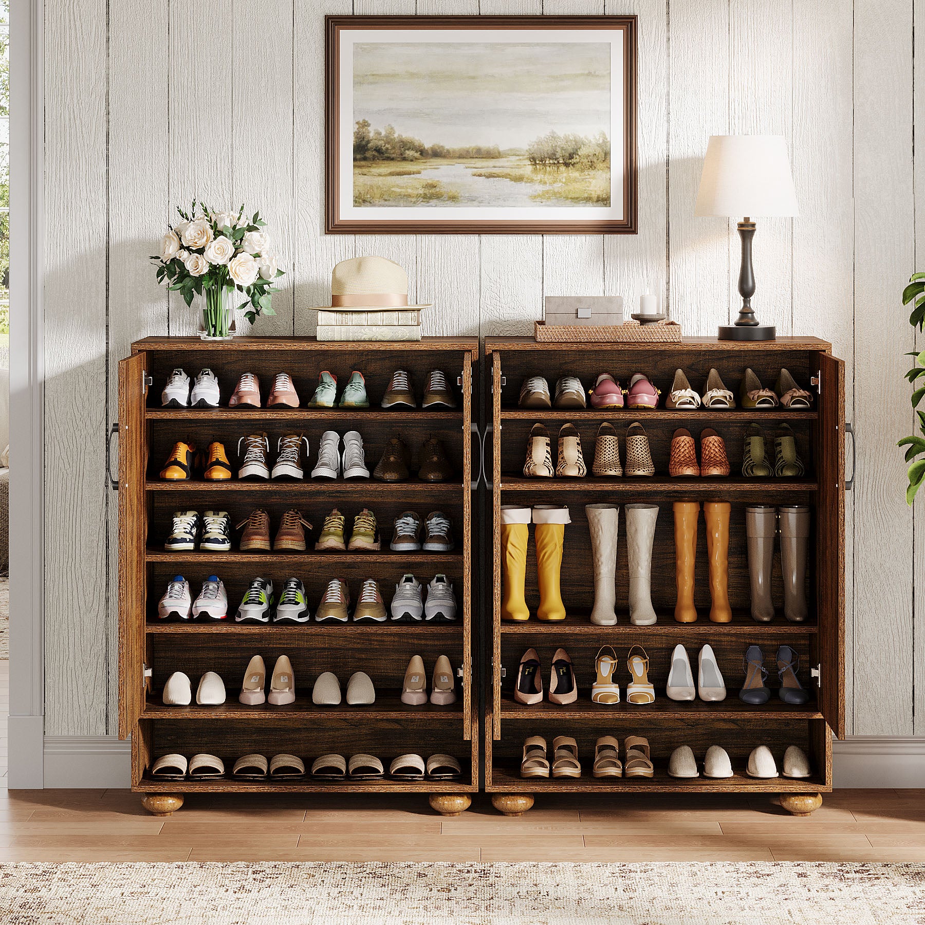 Tribesigns 31.5-Inch Solid Wood Shoe Cabinet for Entryway, Farmhouse Tall Shoe Storage Cabinet with Doors and Adjustable Shelves for Hallway - Image 5
