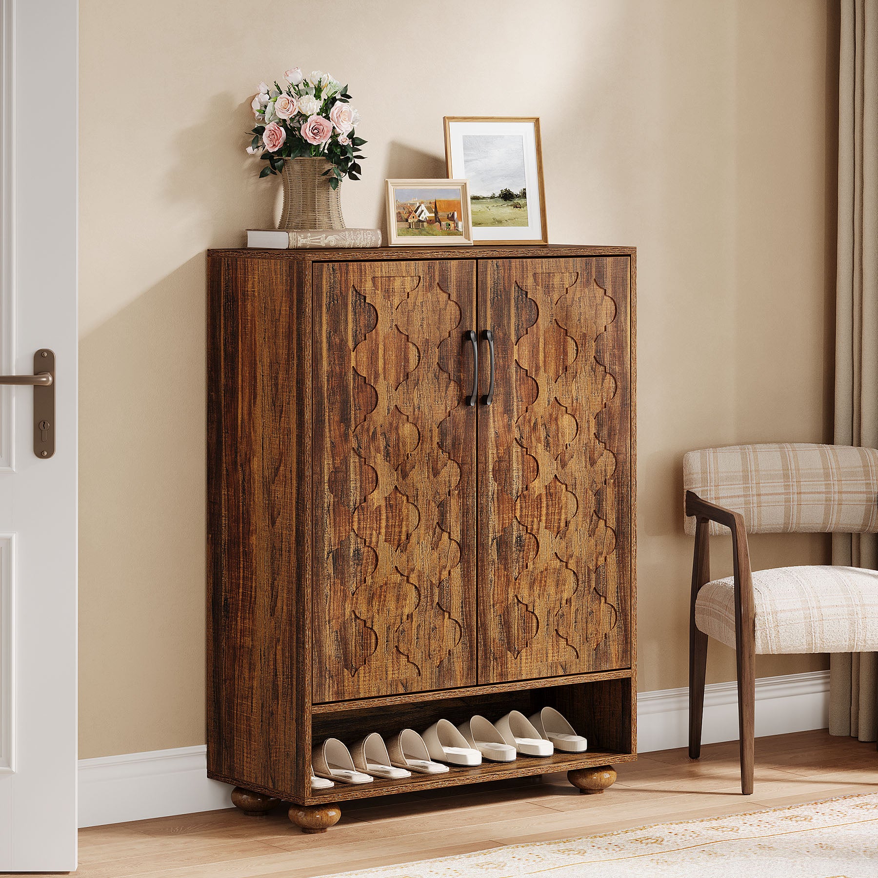Tribesigns 31.5-Inch Solid Wood Shoe Cabinet for Entryway, Farmhouse Tall Shoe Storage Cabinet with Doors and Adjustable Shelves for Hallway - Image 6