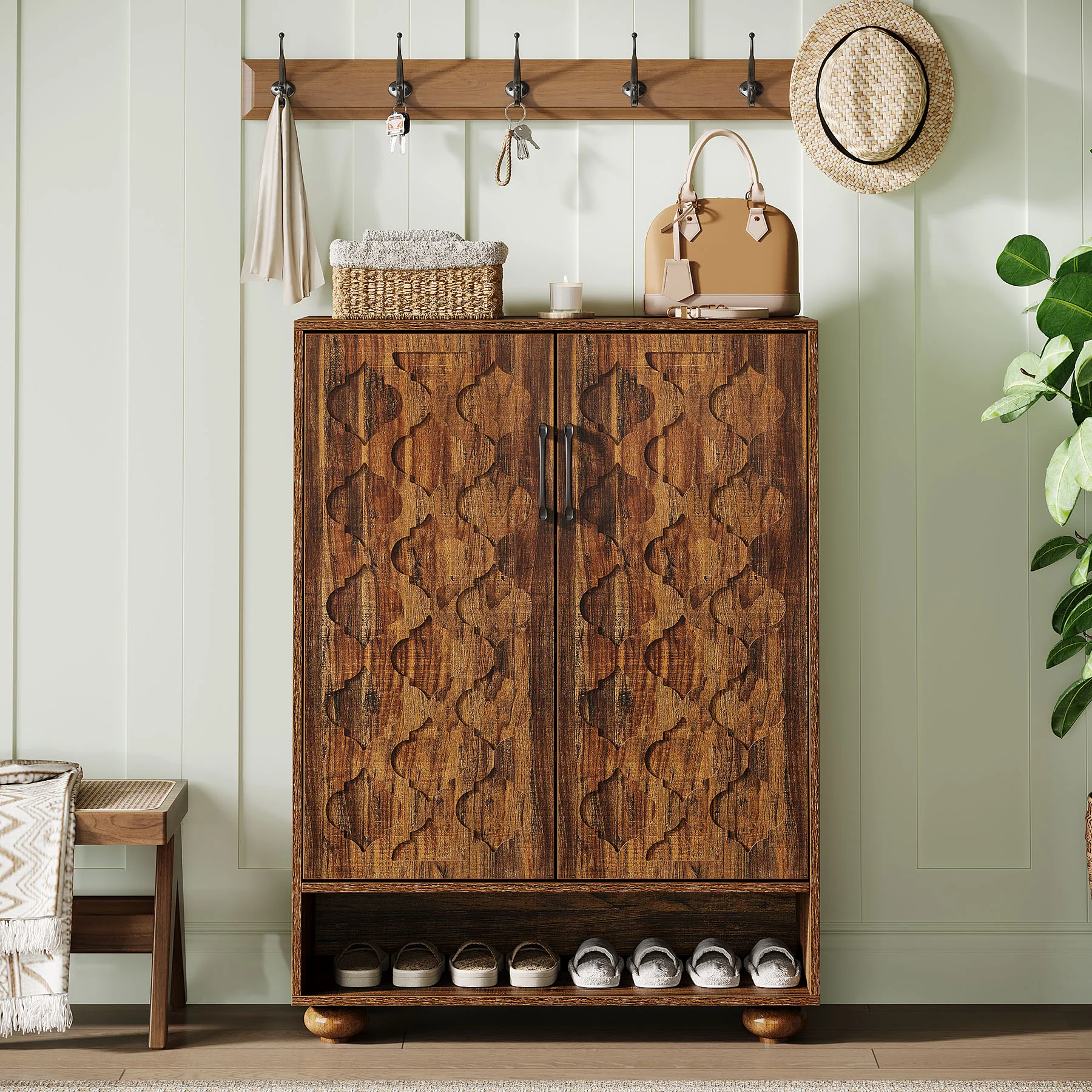 Tribesigns 31.5-Inch Solid Wood Shoe Cabinet for Entryway, Farmhouse Tall Shoe Storage Cabinet with Doors and Adjustable Shelves for Hallway - Image 7