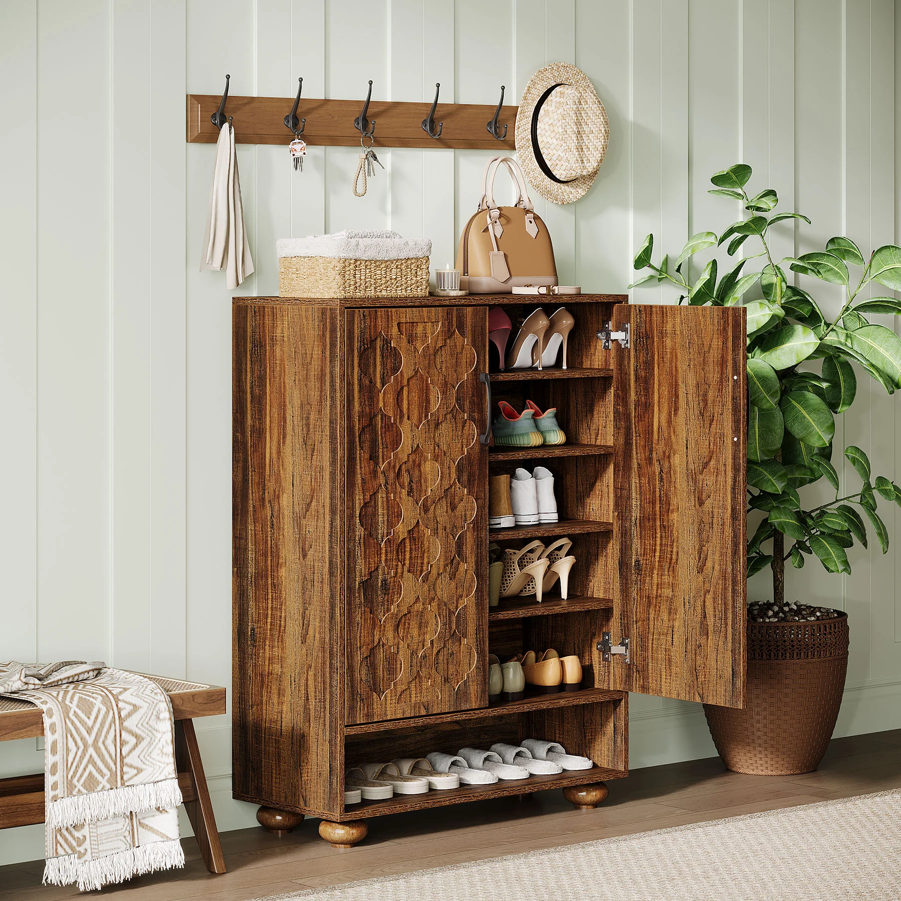 Tribesigns 31.5-Inch Solid Wood Shoe Cabinet for Entryway, Farmhouse Tall Shoe Storage Cabinet with Doors and Adjustable Shelves for Hallway - Image 8