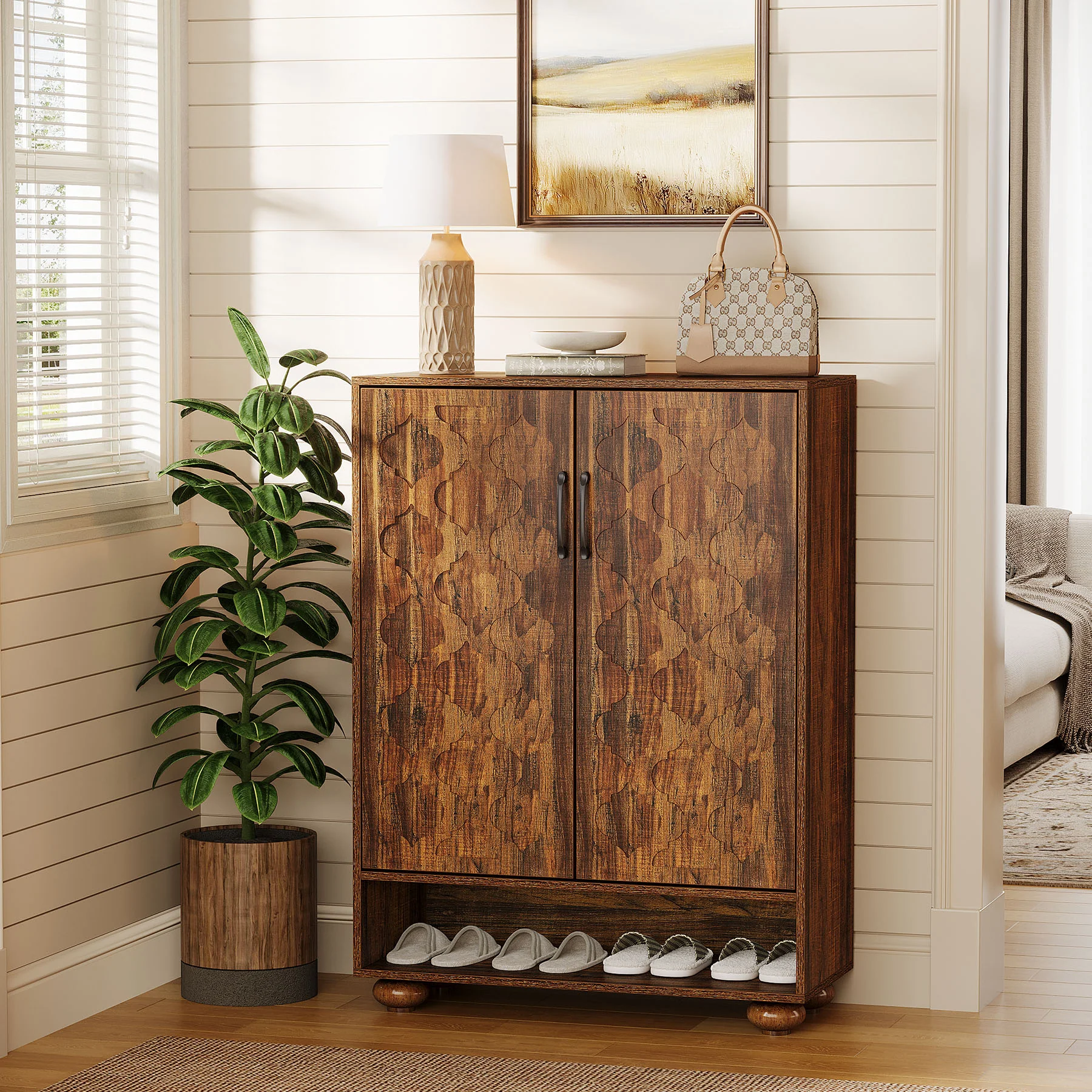 Tribesigns 31.5-Inch Solid Wood Shoe Cabinet for Entryway, Farmhouse Tall Shoe Storage Cabinet with Doors and Adjustable Shelves for Hallway - Image 9