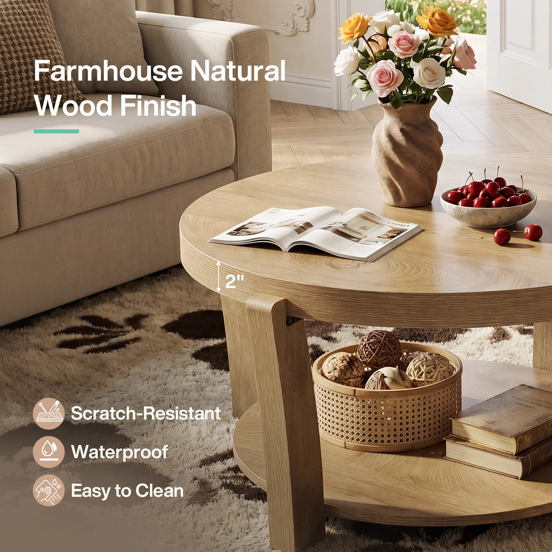 31.5-Inch Round Coffee Table with 2-Tier Open Storage, Farmhouse Wooden Center Table for Living Room - Image 3