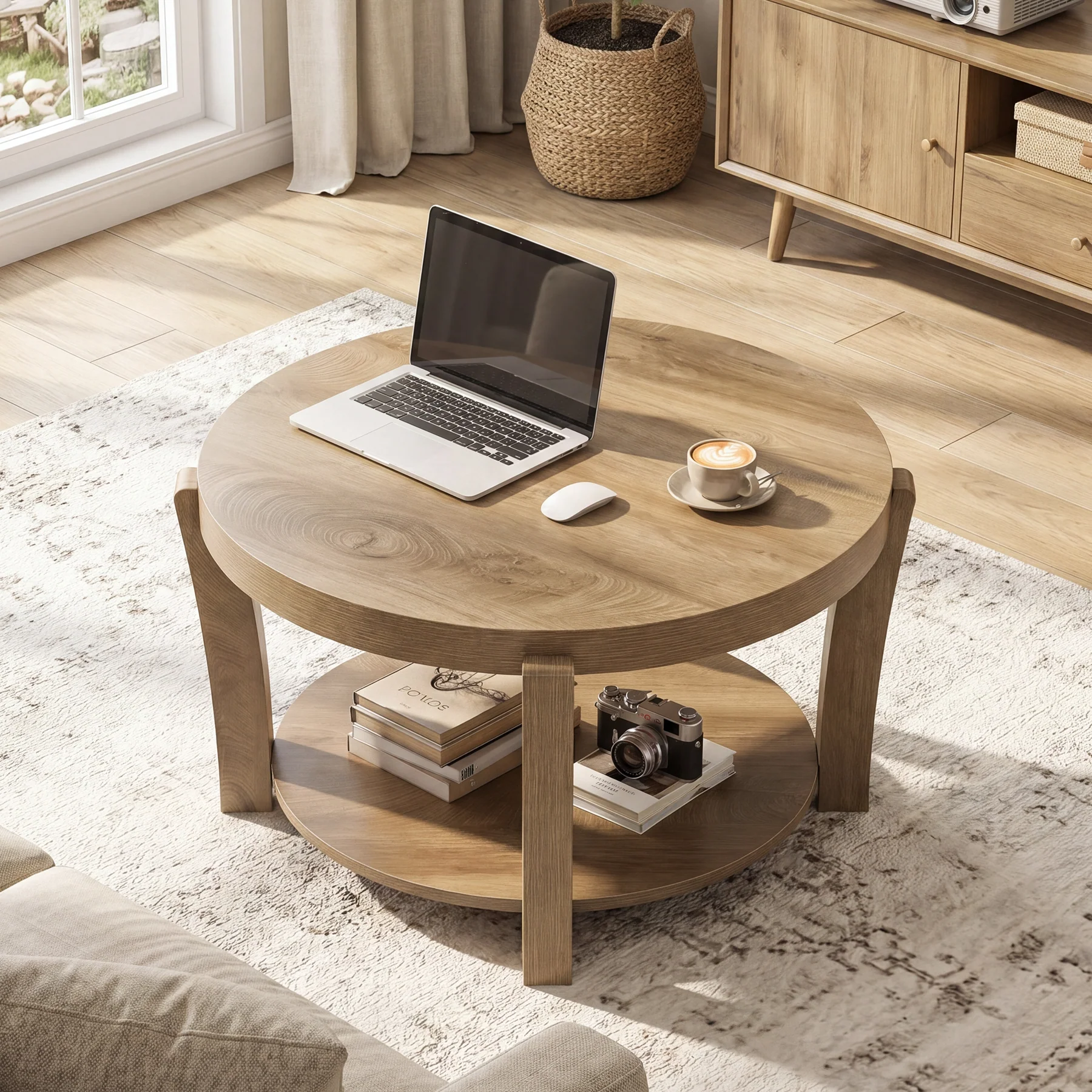 31.5-Inch Round Coffee Table with 2-Tier Open Storage, Farmhouse Wooden Center Table for Living Room - Image 5