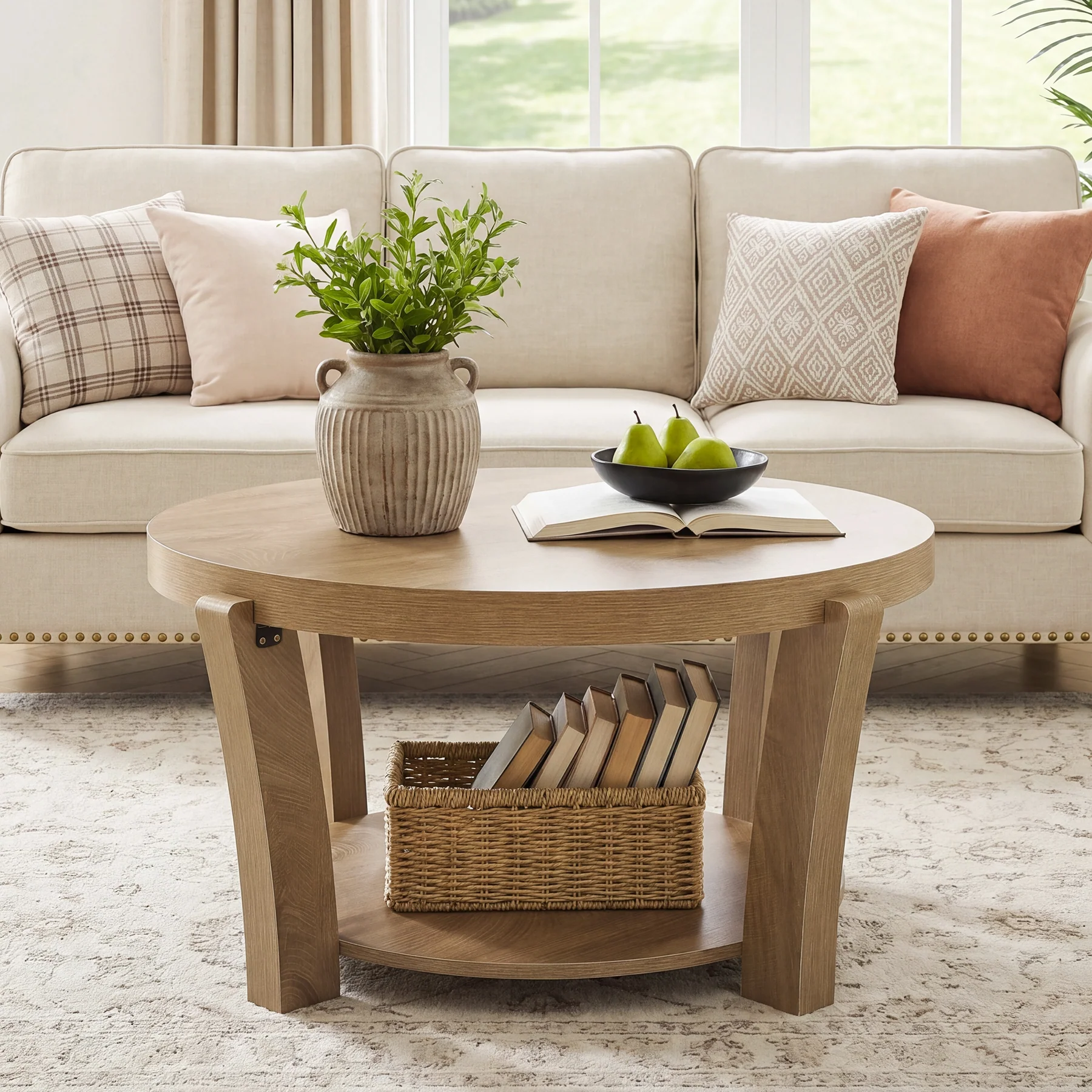 31.5-Inch Round Coffee Table with 2-Tier Open Storage, Farmhouse Wooden Center Table for Living Room - Image 6