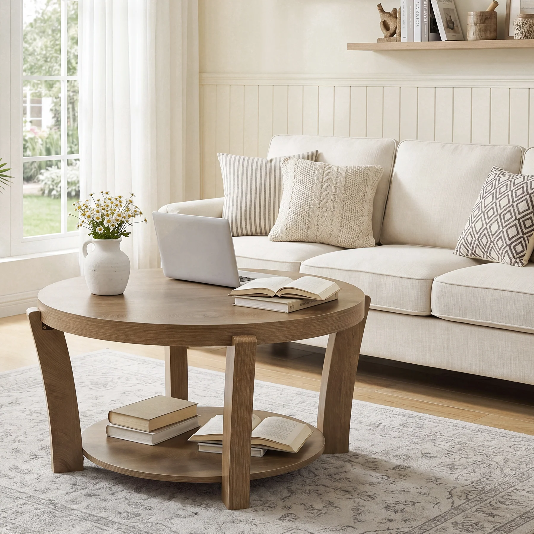 31.5-Inch Round Coffee Table with 2-Tier Open Storage, Farmhouse Wooden Center Table for Living Room - Image 8
