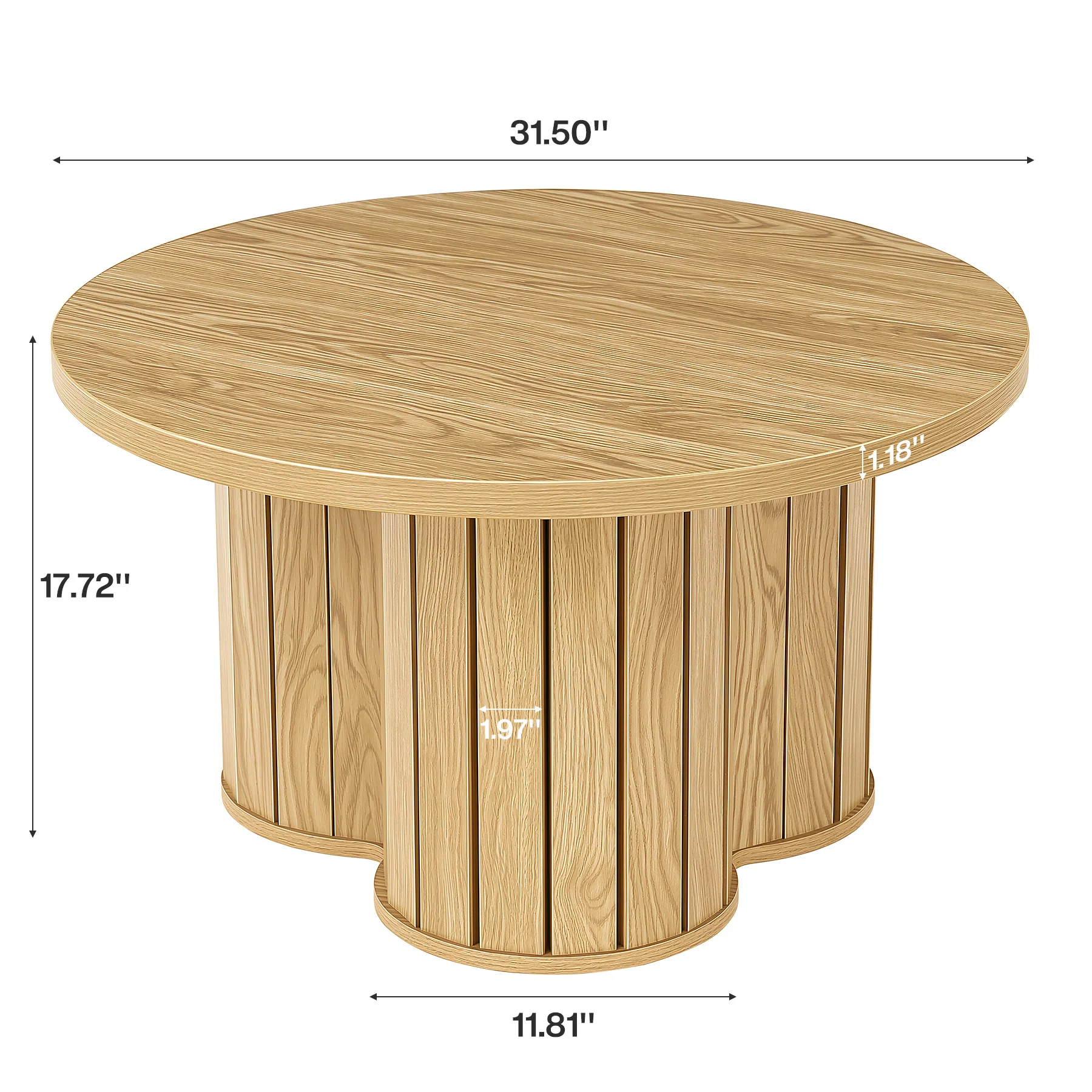 31.5-Inch Round Coffee Table, Wooden Circle Center Table with Fluted Three-Lobed Base for Living Room Apartment - Image 2