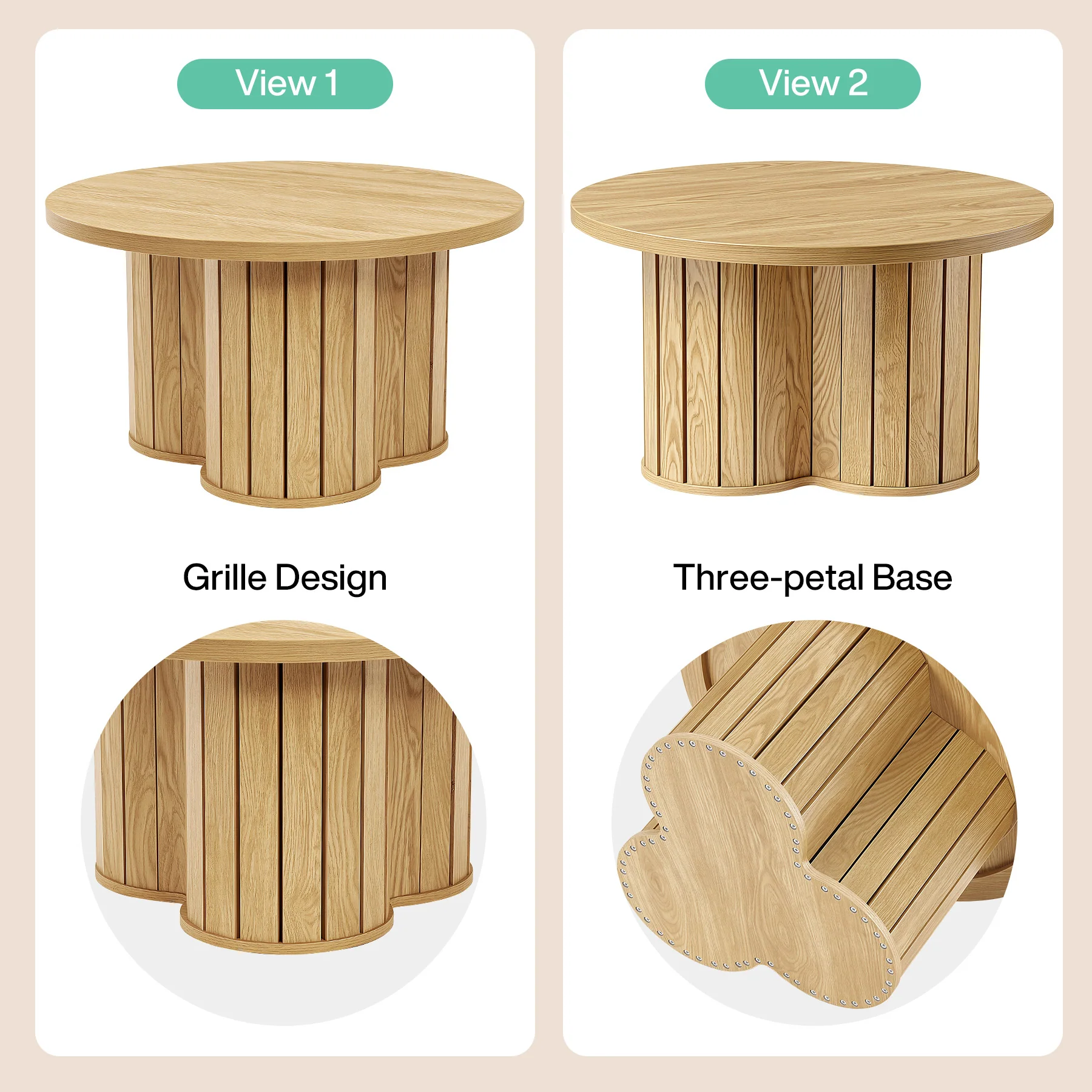 31.5-Inch Round Coffee Table, Wooden Circle Center Table with Fluted Three-Lobed Base for Living Room Apartment - Image 4